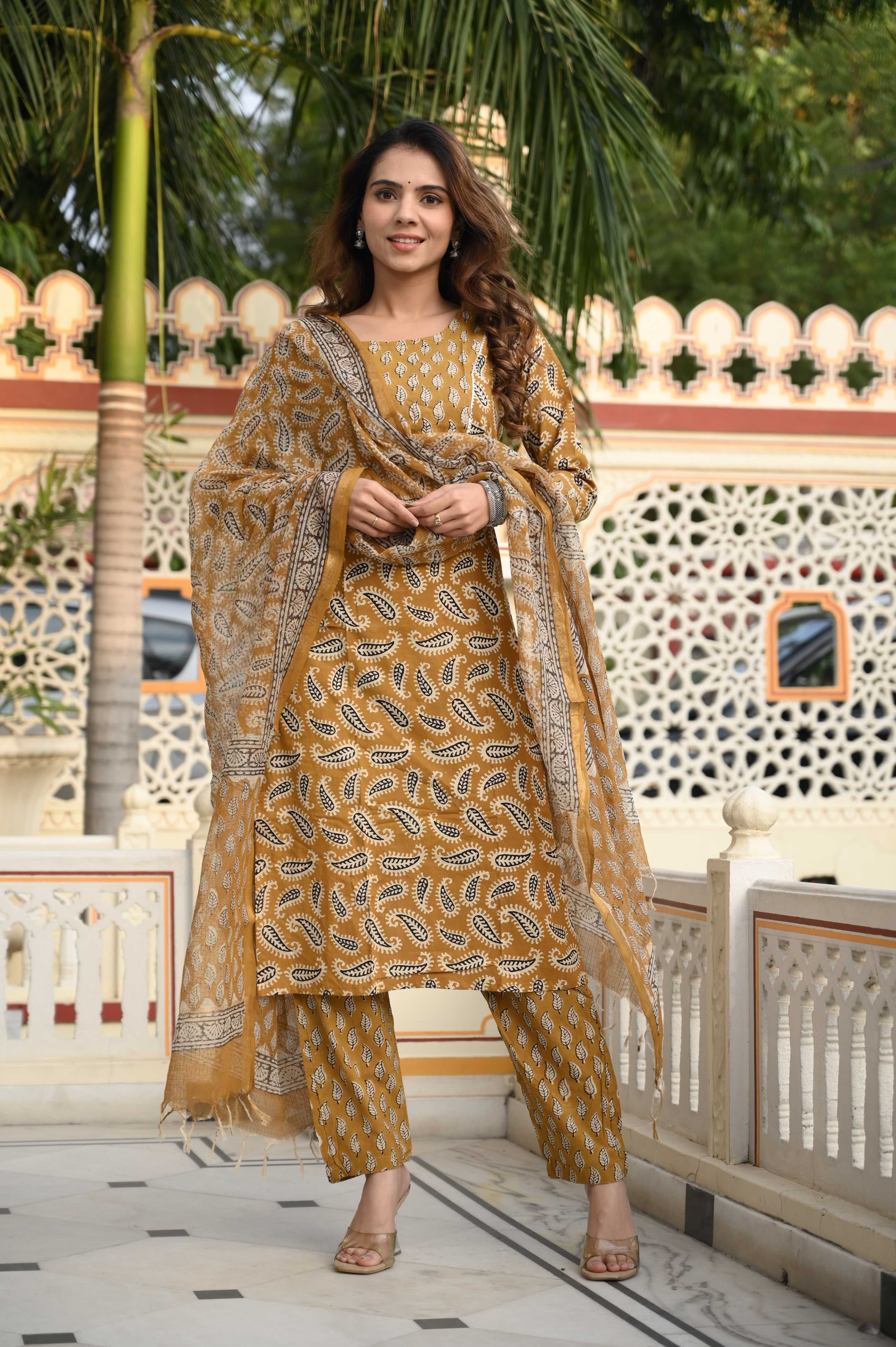 Mustard Yellow Hand-Printed Cotton Suit with Kota Doriya Dupatta