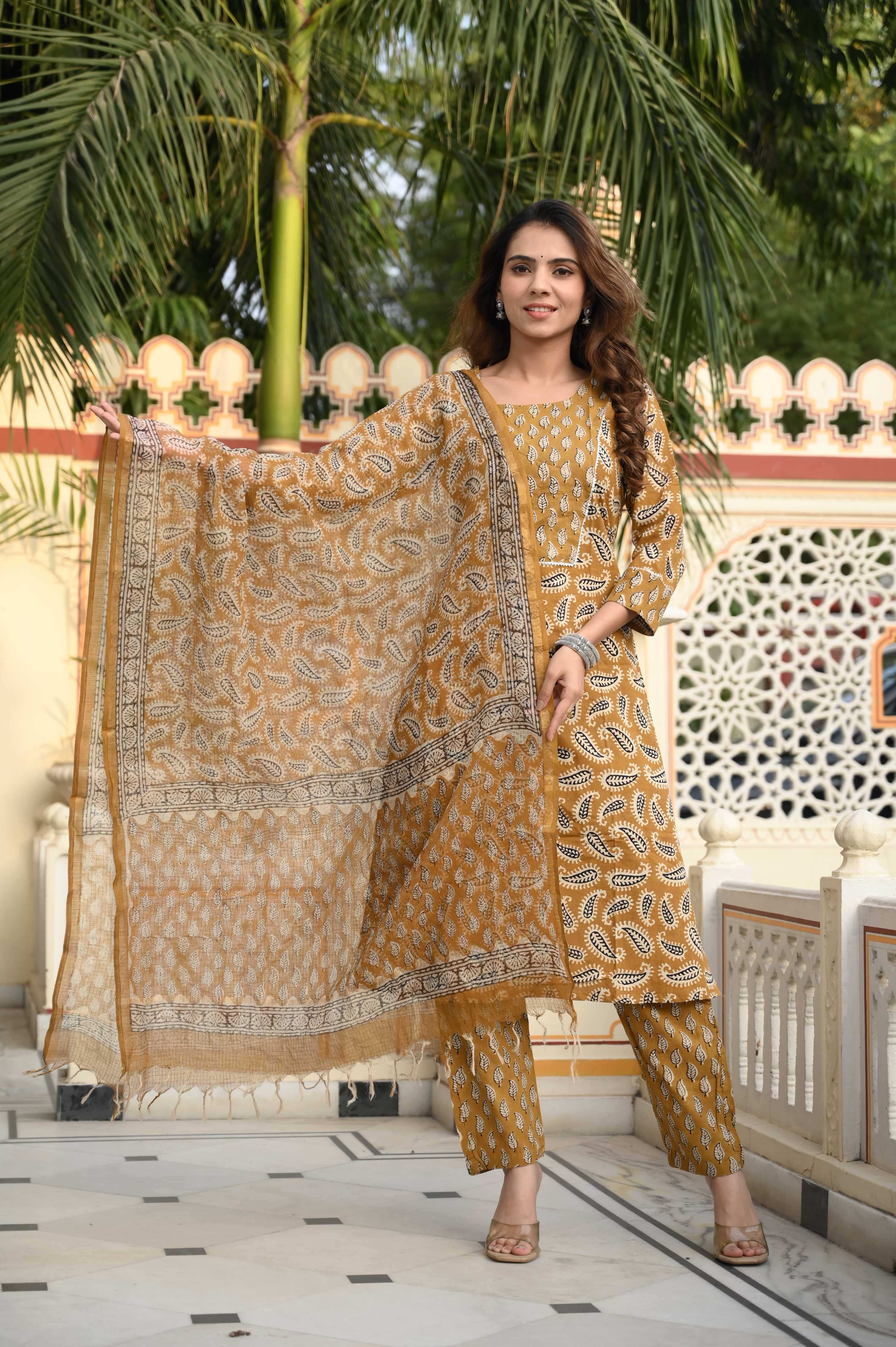 Mustard Yellow Hand-Printed Cotton Suit with Kota Doriya Dupatta