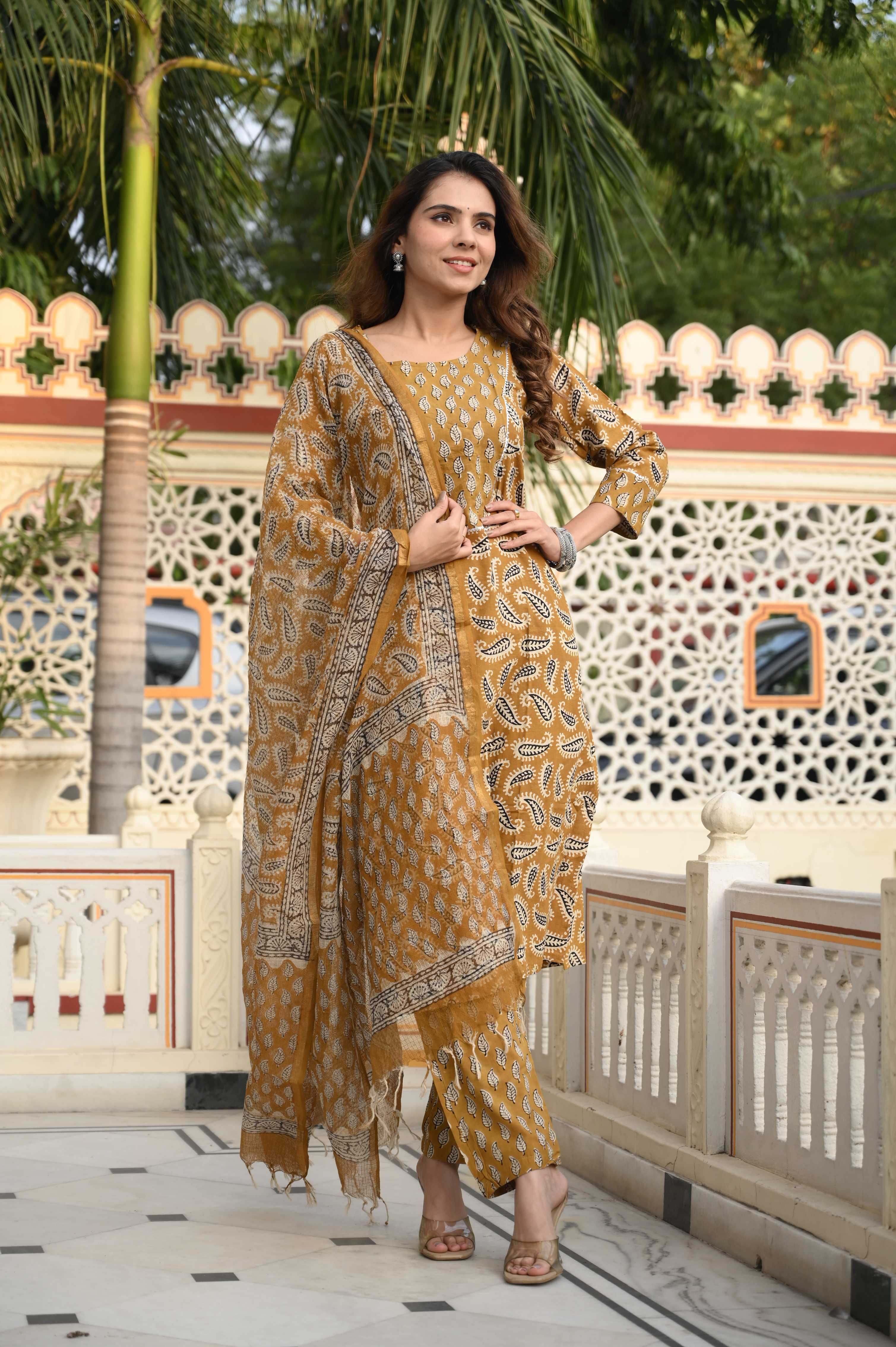 Mustard Yellow Hand-Printed Cotton Suit with Kota Doriya Dupatta