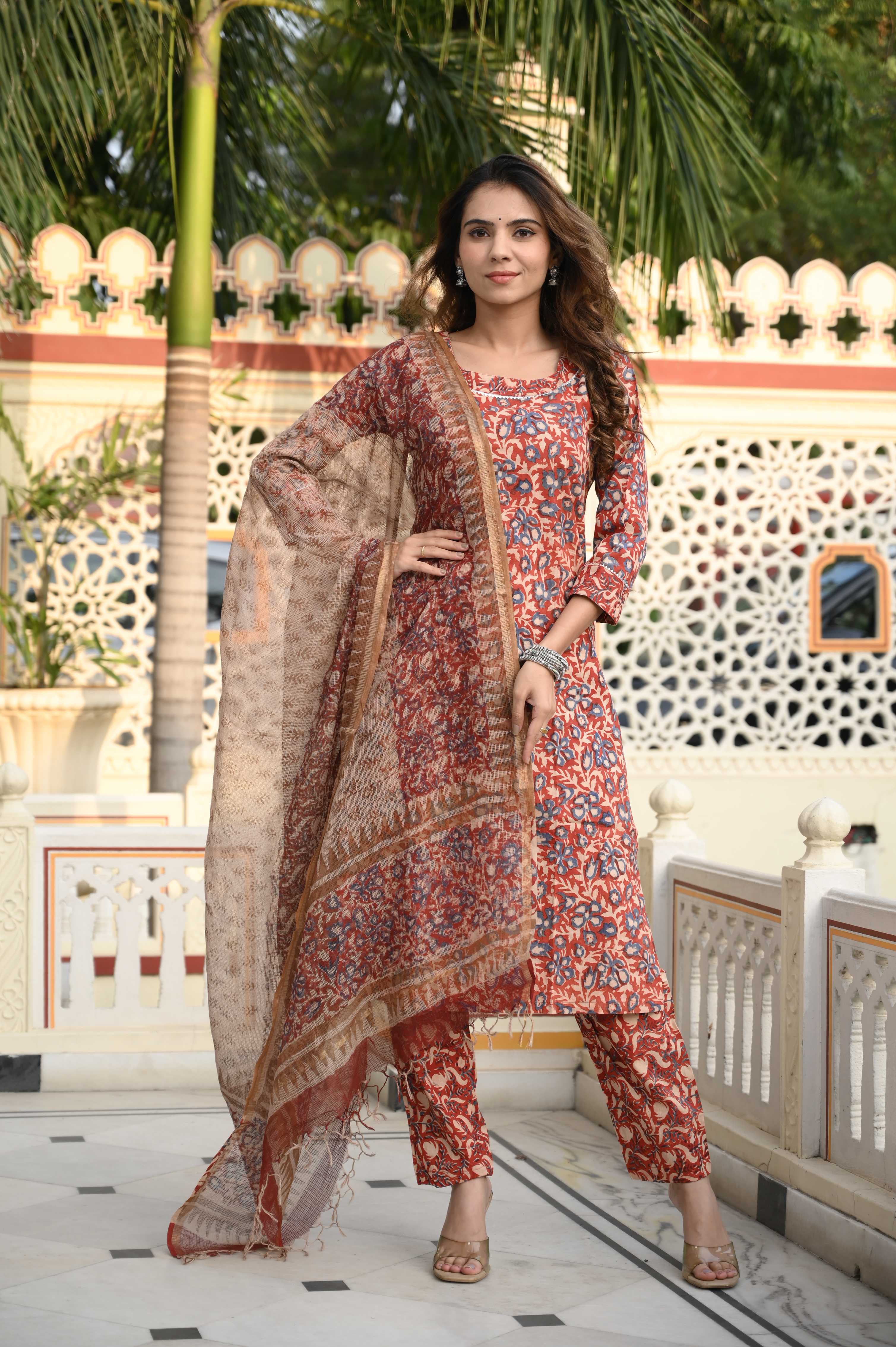 Rust Terracotta Hand-Block Floral Cotton Suit with Kota Doriya Dupatta
