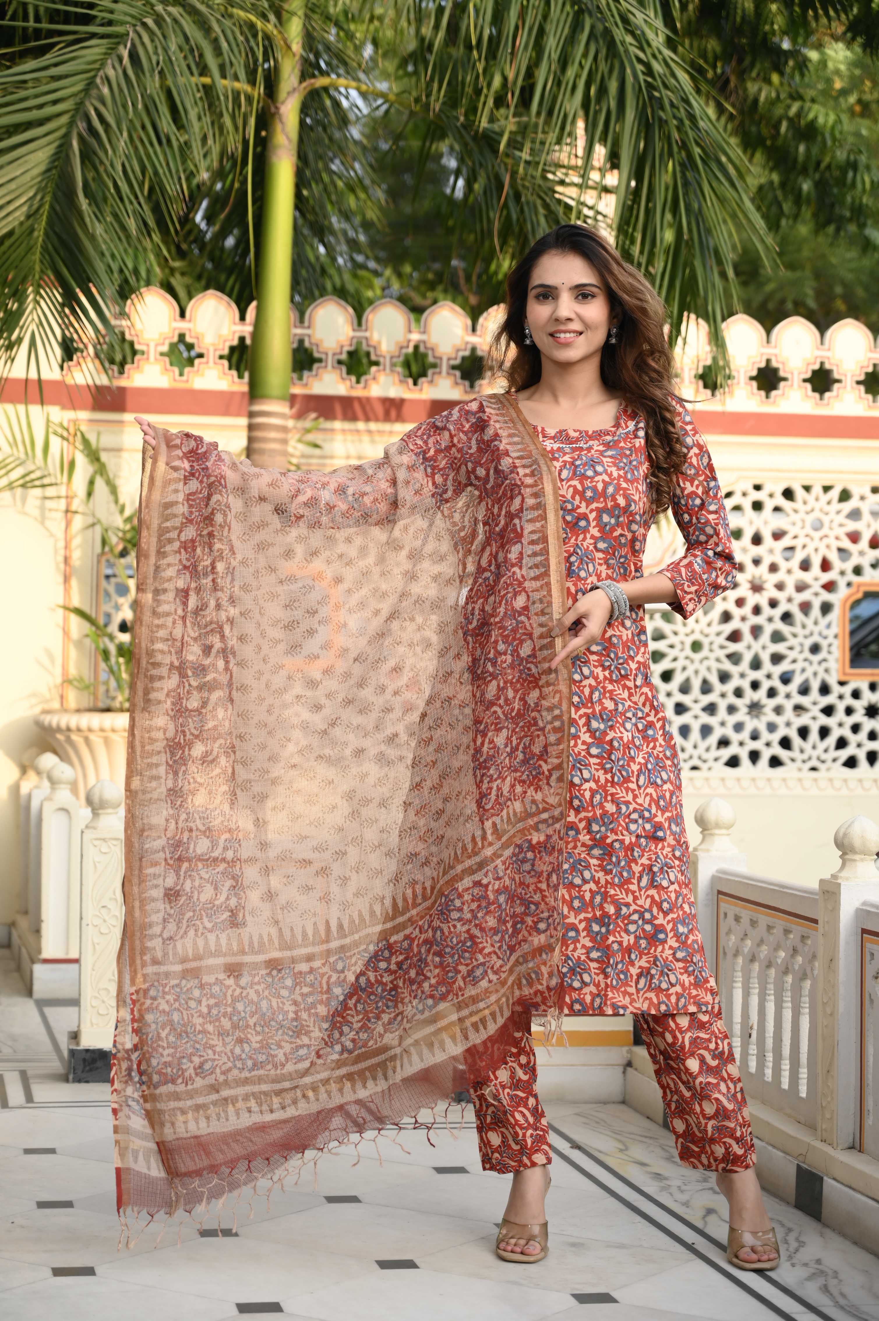 Rust Terracotta Hand-Block Floral Cotton Suit with Kota Doriya Dupatta