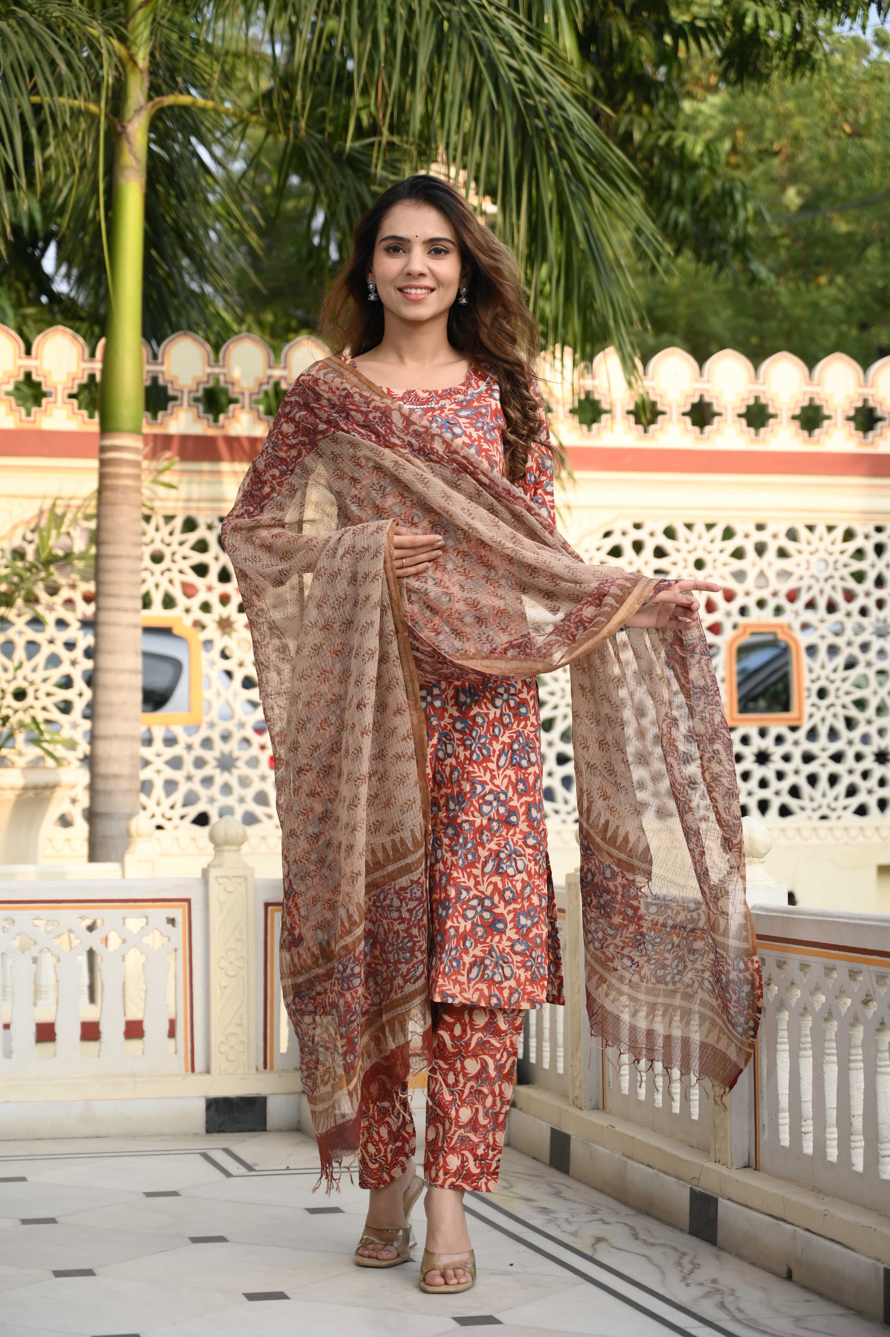 Rust Terracotta Hand-Block Floral Cotton Suit with Kota Doriya Dupatta