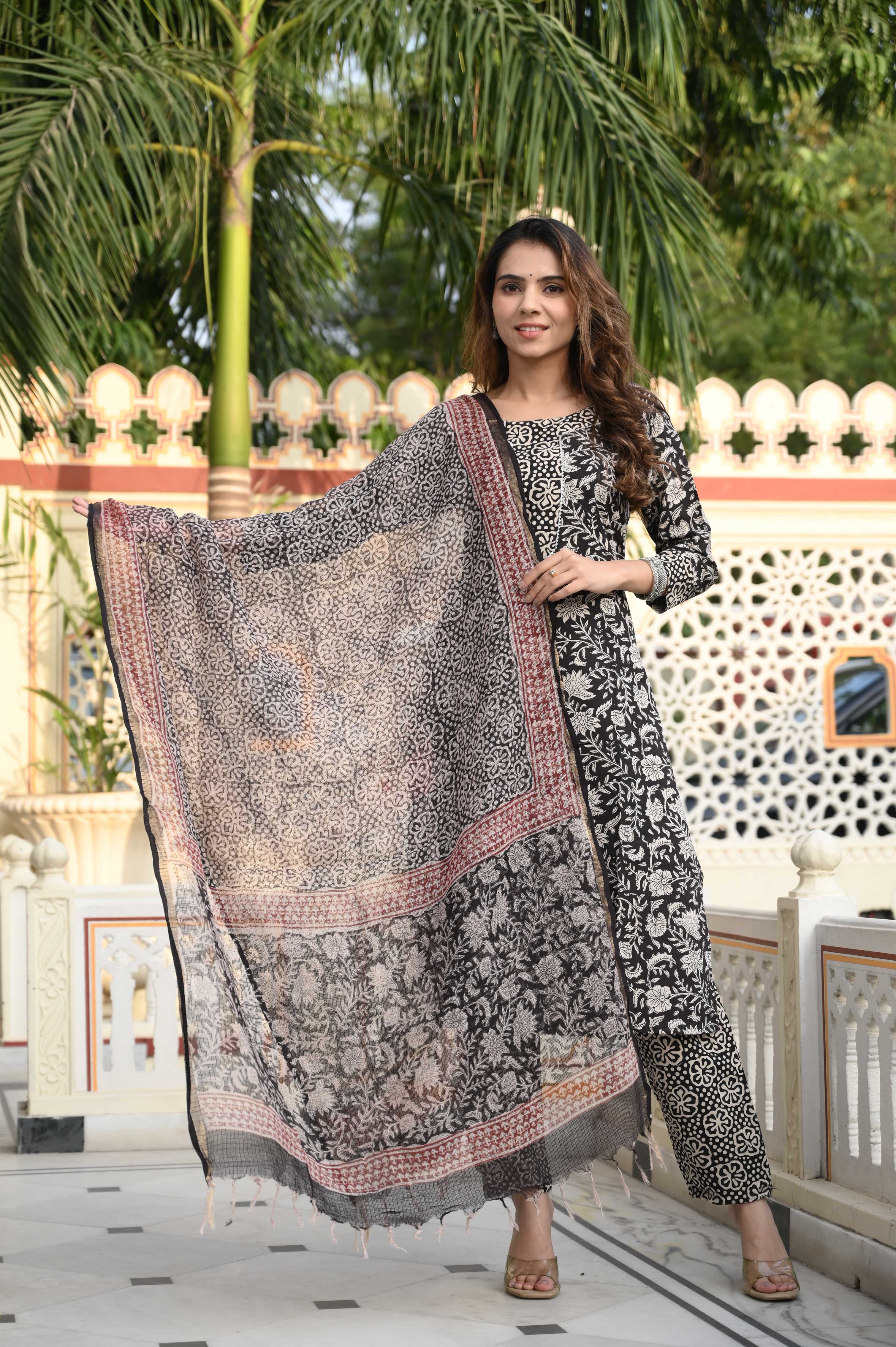 Midnight Black Hand-Block Floral Cotton Suit with Kota Doriya Dupatta