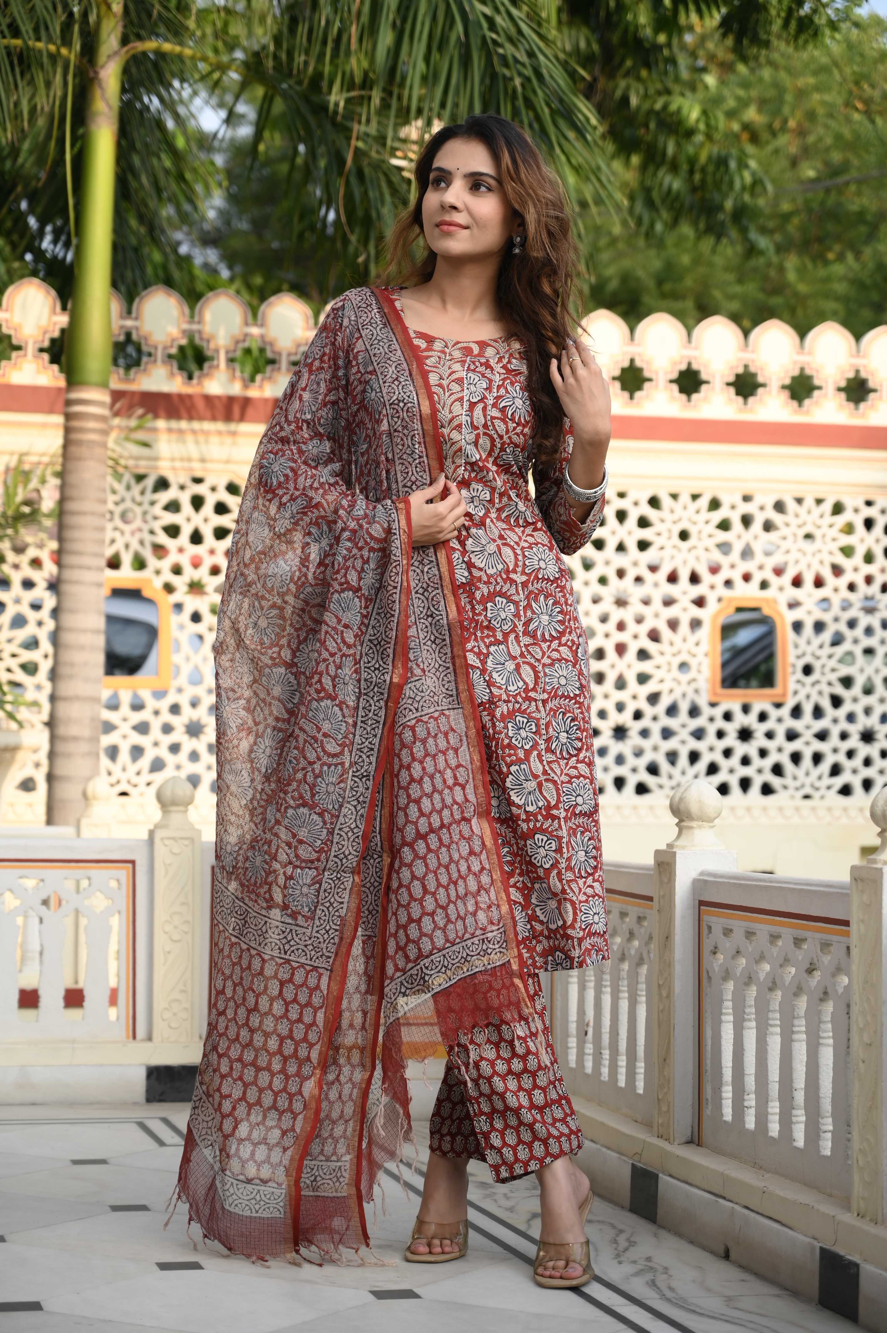Maroon Hand-Block Floral Cotton Suit with Kota Doriya Dupatta