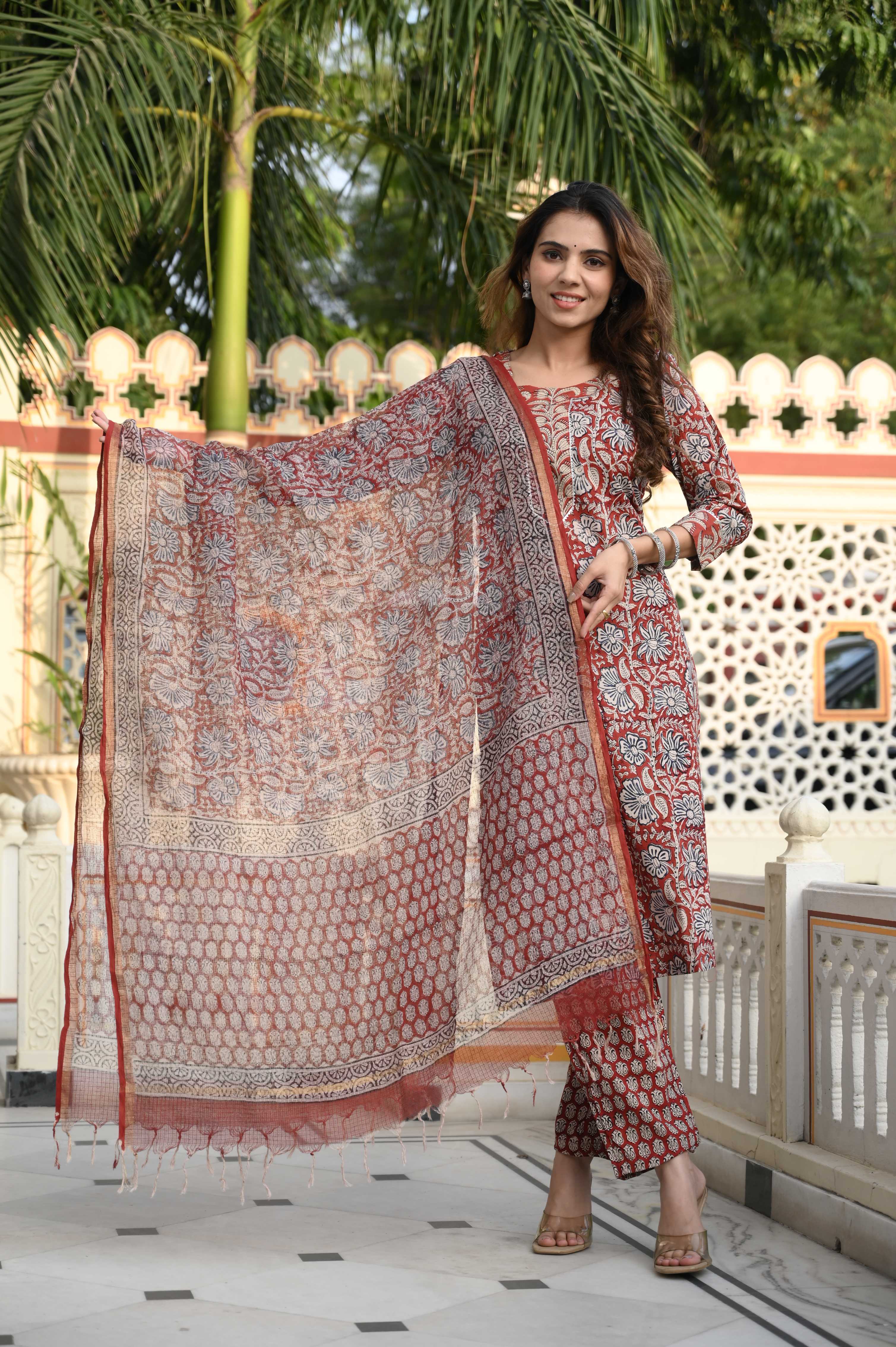 Maroon Hand-Block Floral Cotton Suit with Kota Doriya Dupatta
