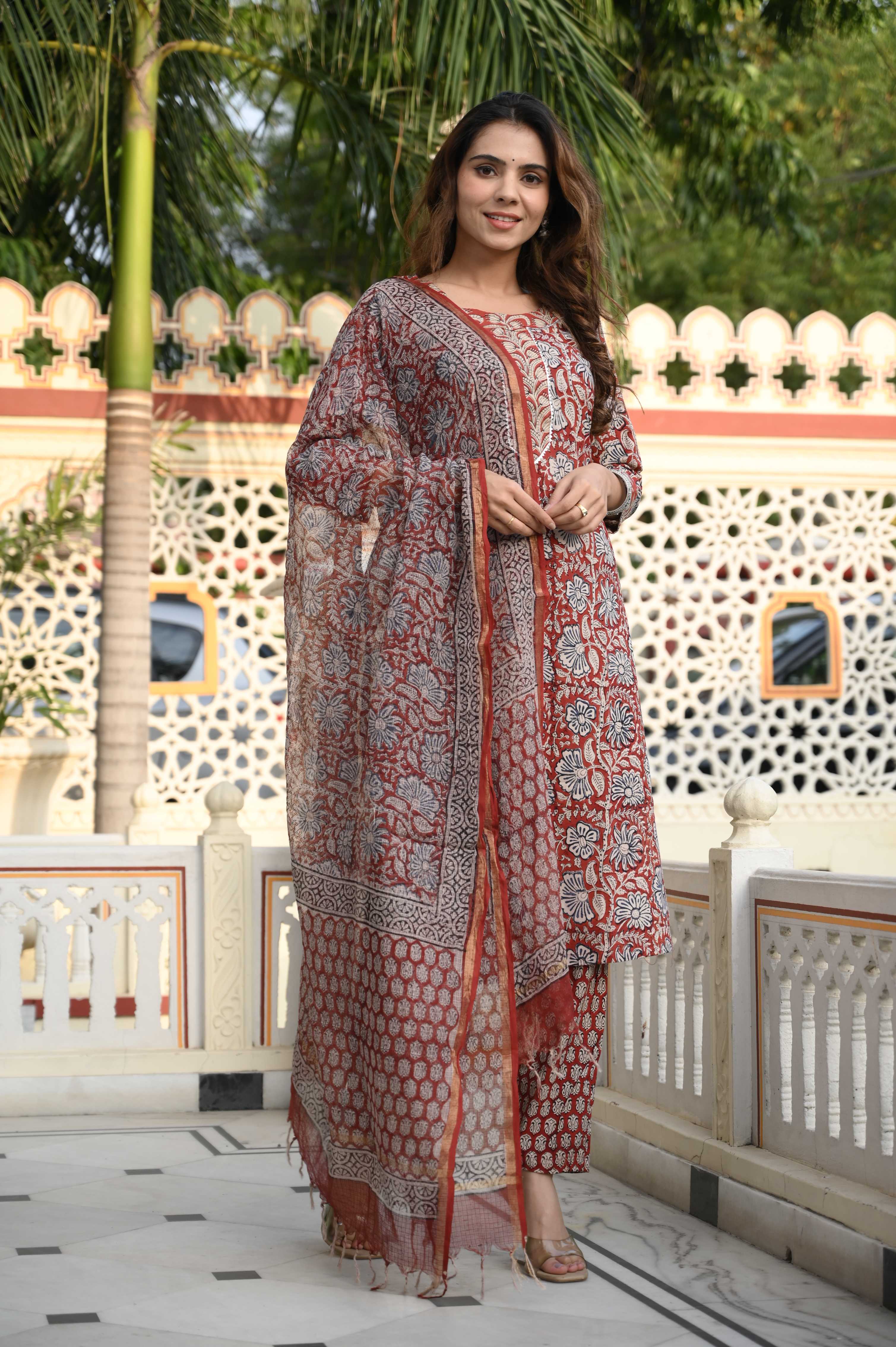 Maroon Hand-Block Floral Cotton Suit with Kota Doriya Dupatta