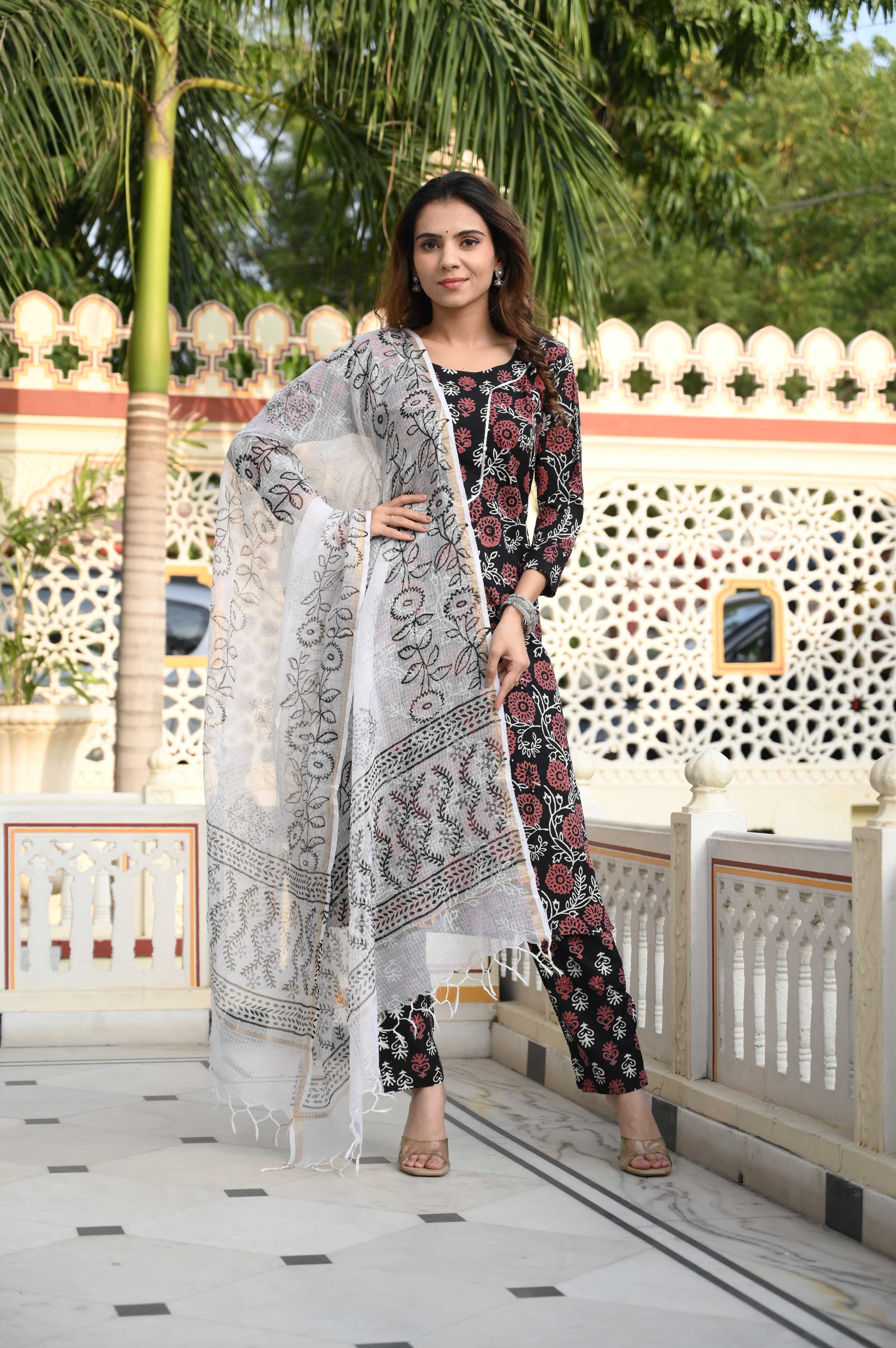 Jet Black Hand-Block Floral Cotton Suit with White Kota Doriya Dupatta