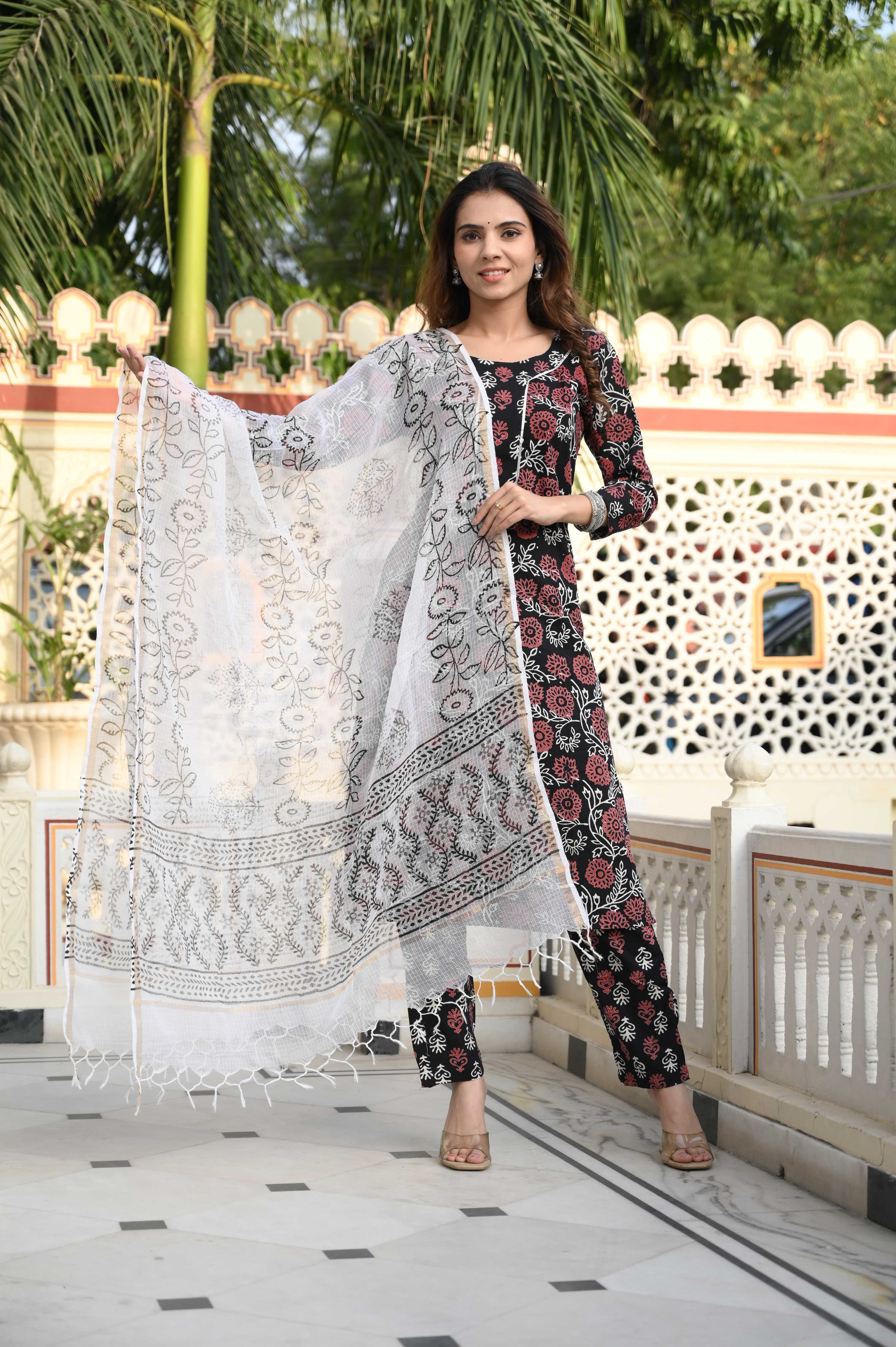 Jet Black Hand-Block Floral Cotton Suit with White Kota Doriya Dupatta