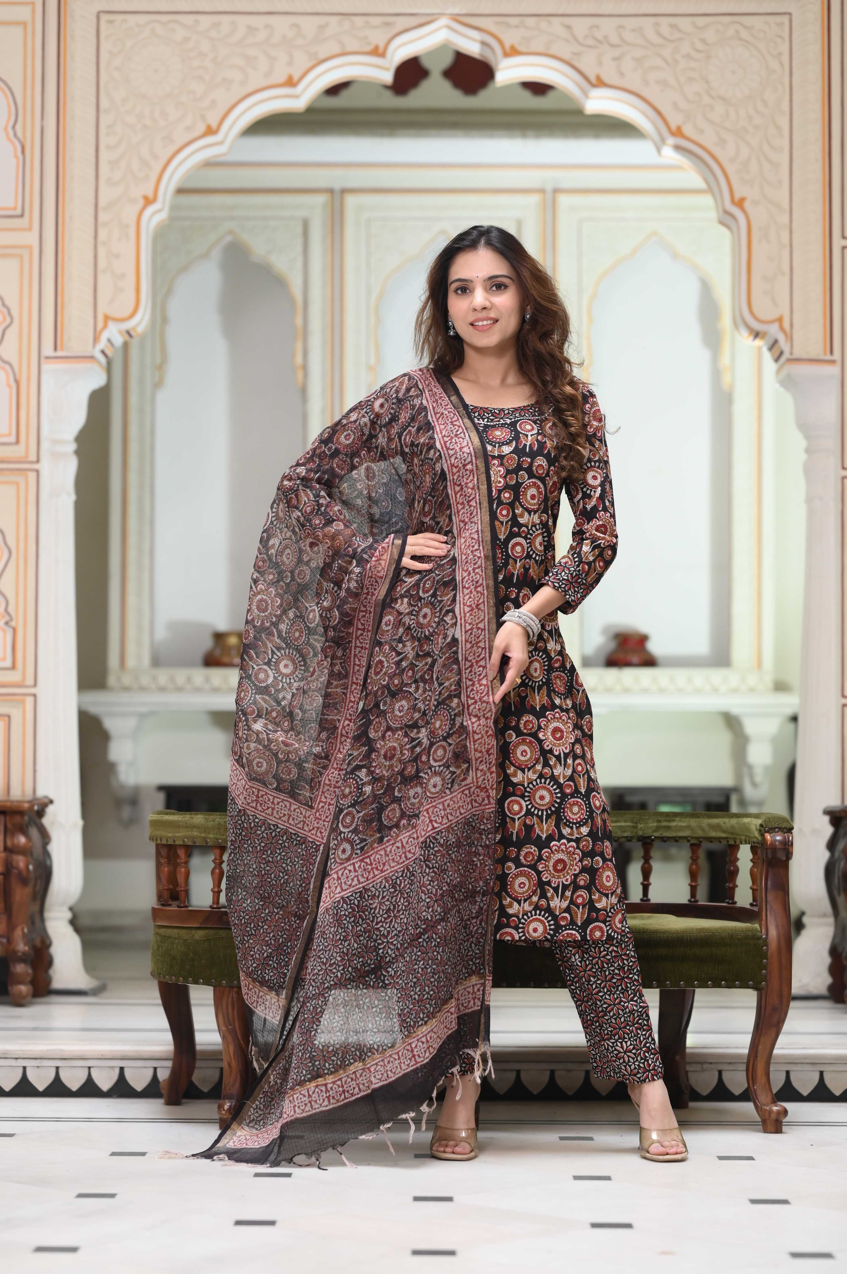 Charcoal Black Hand-Block Floral Cotton Suit with Kota Doriya Dupatta