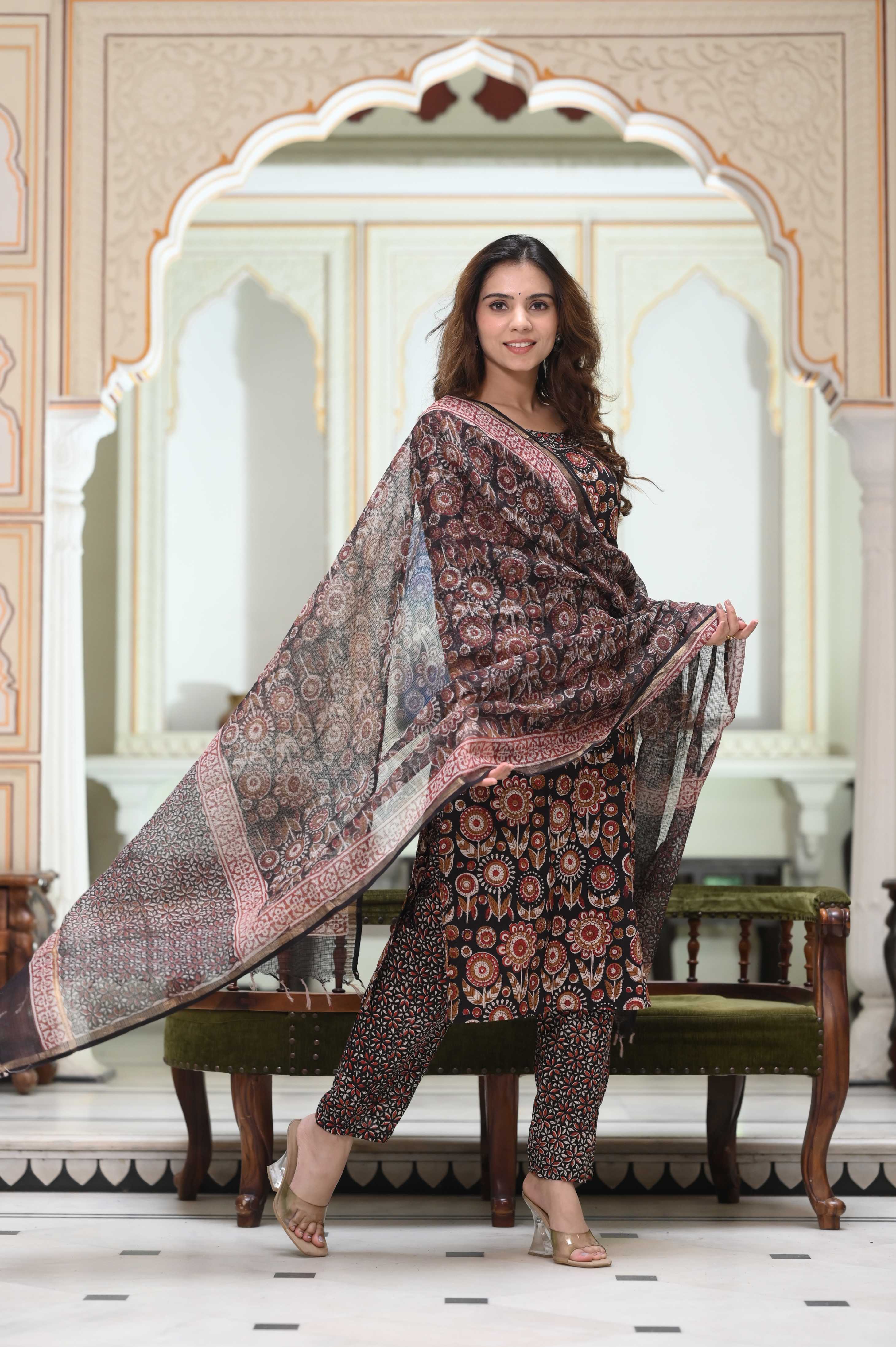Charcoal Black Hand-Block Floral Cotton Suit with Kota Doriya Dupatta