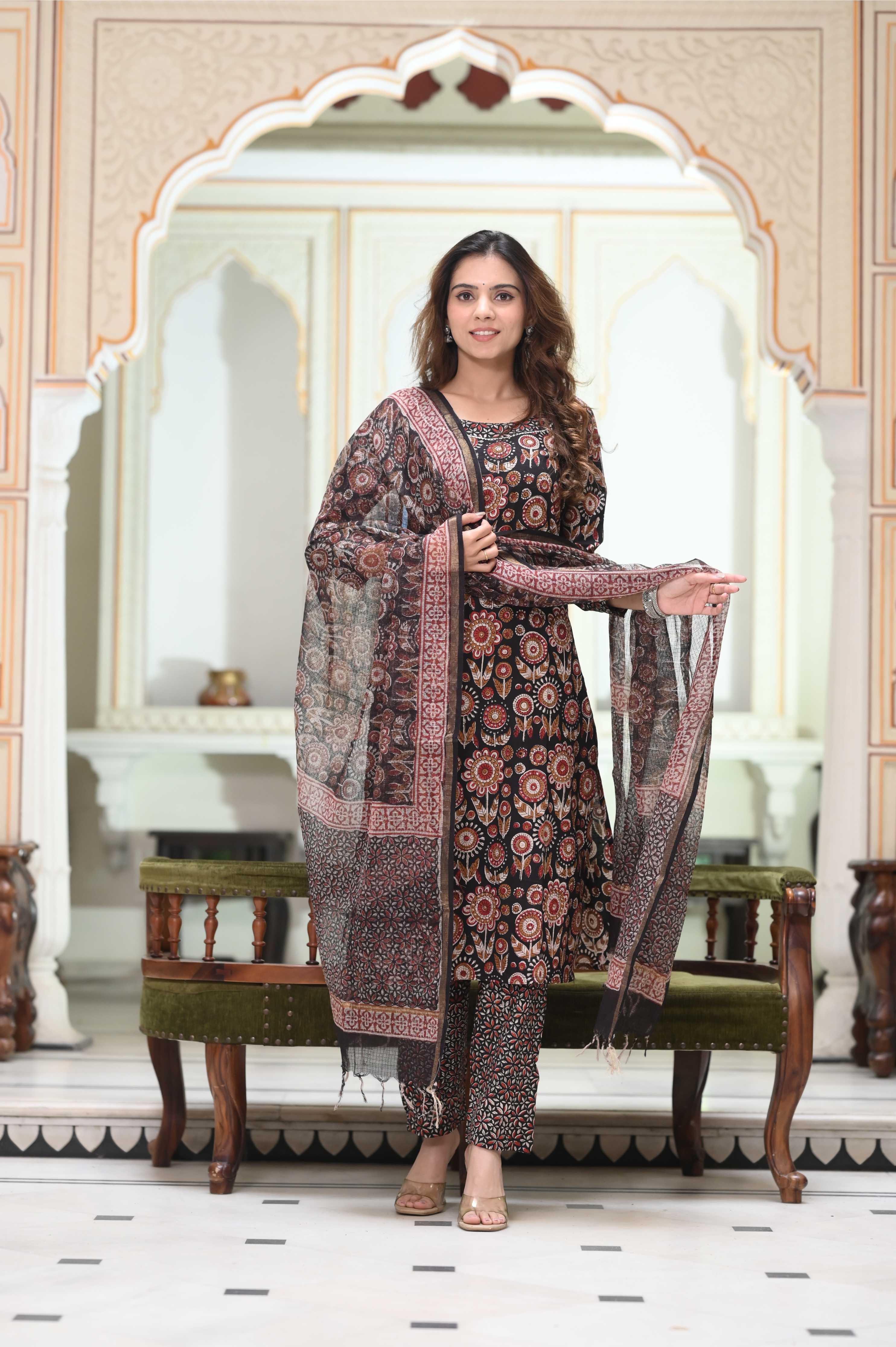 Charcoal Black Hand-Block Floral Cotton Suit with Kota Doriya Dupatta