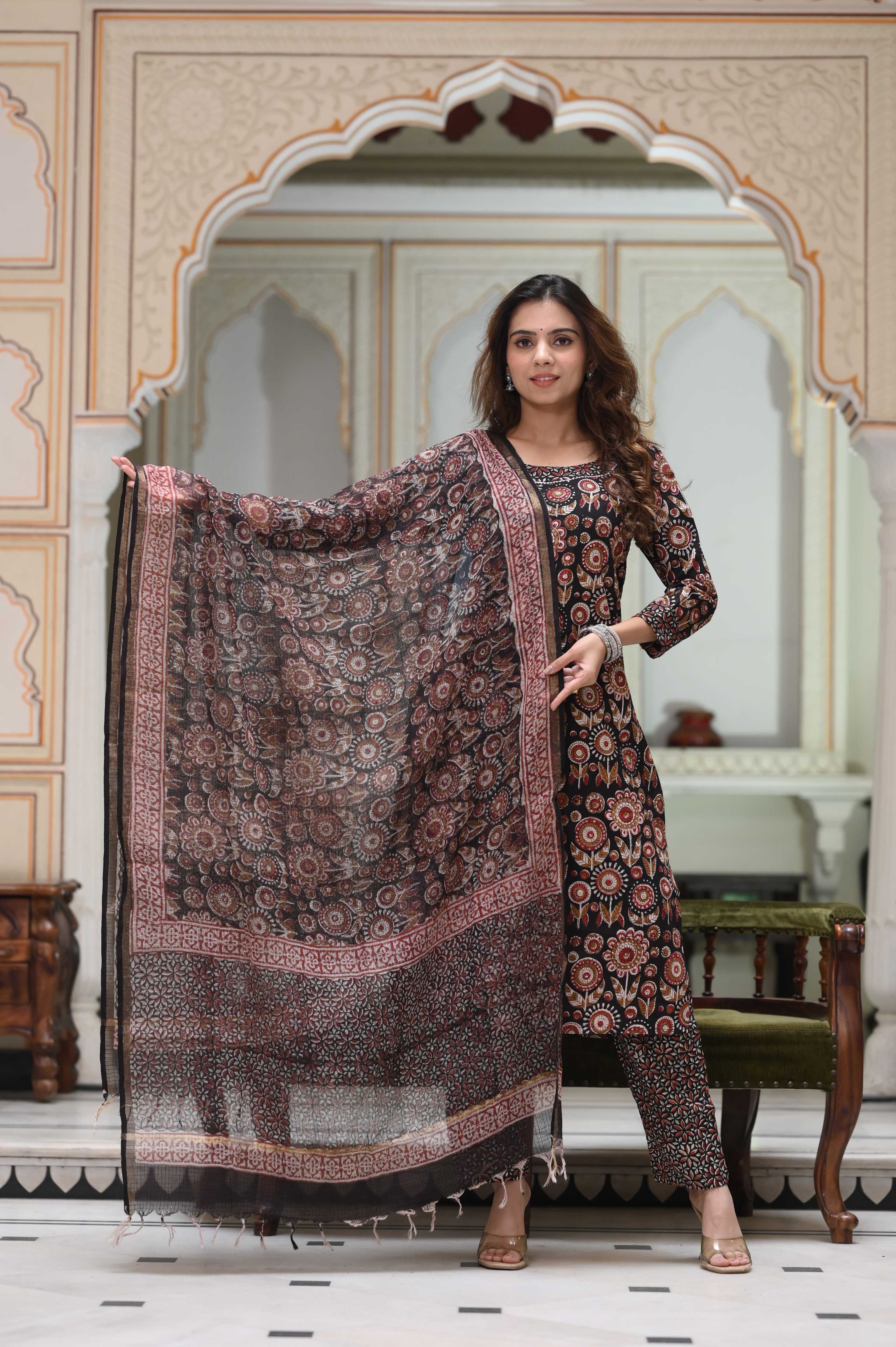 Charcoal Black Hand-Block Floral Cotton Suit with Kota Doriya Dupatta