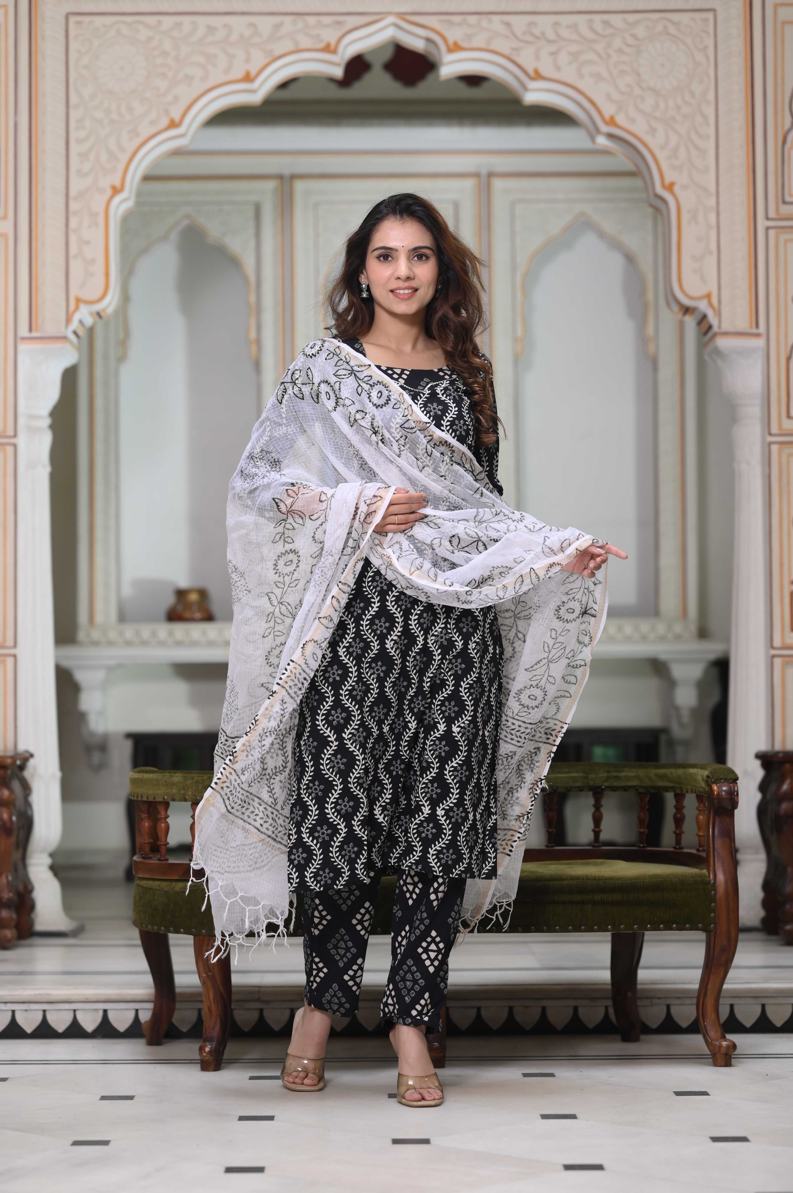 Midnight Black Hand-Block Vine Cotton Suit with White Kota Doriya Dupatta