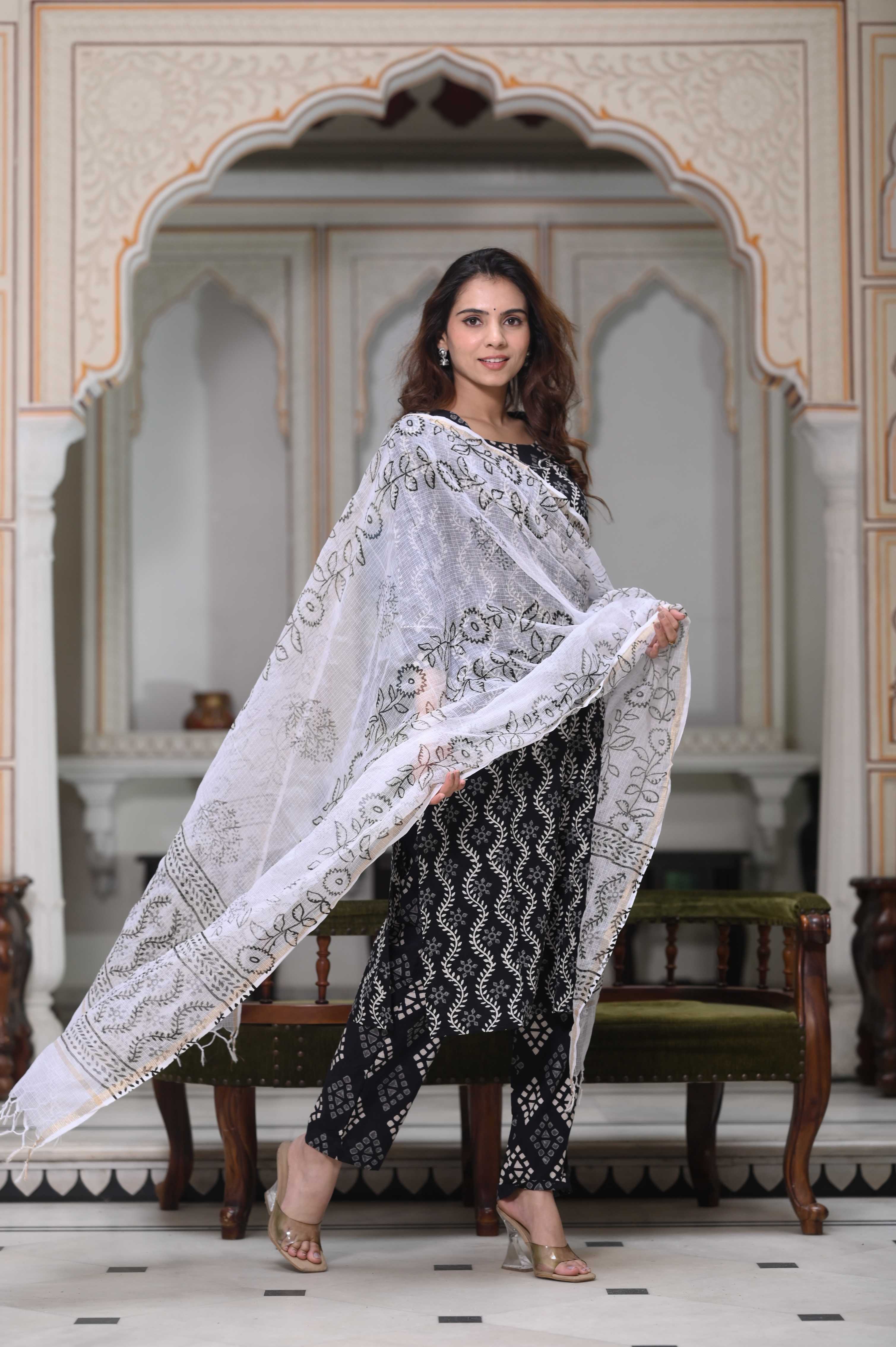 Midnight Black Hand-Block Vine Cotton Suit with White Kota Doriya Dupatta