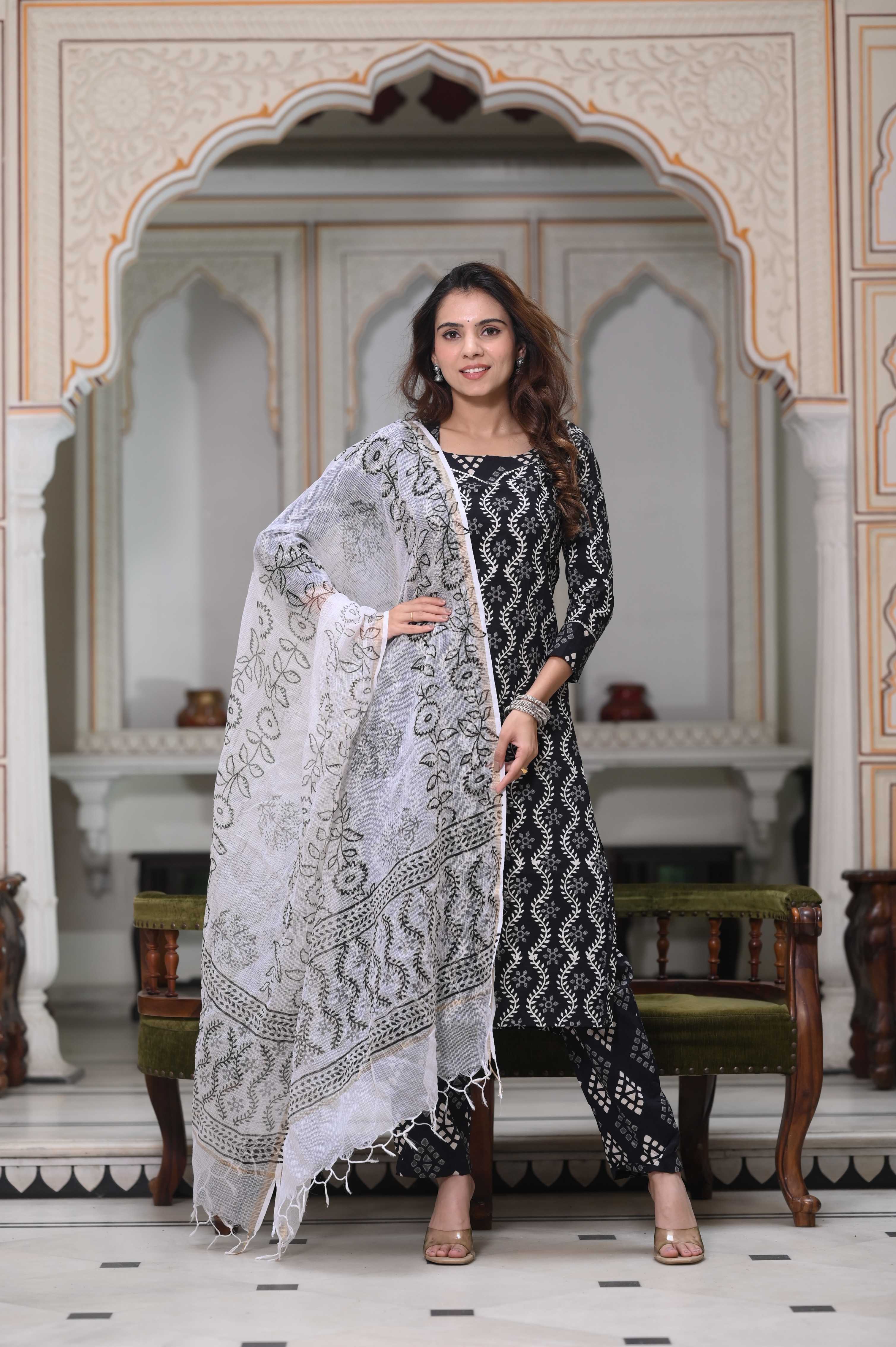 Midnight Black Hand-Block Vine Cotton Suit with White Kota Doriya Dupatta