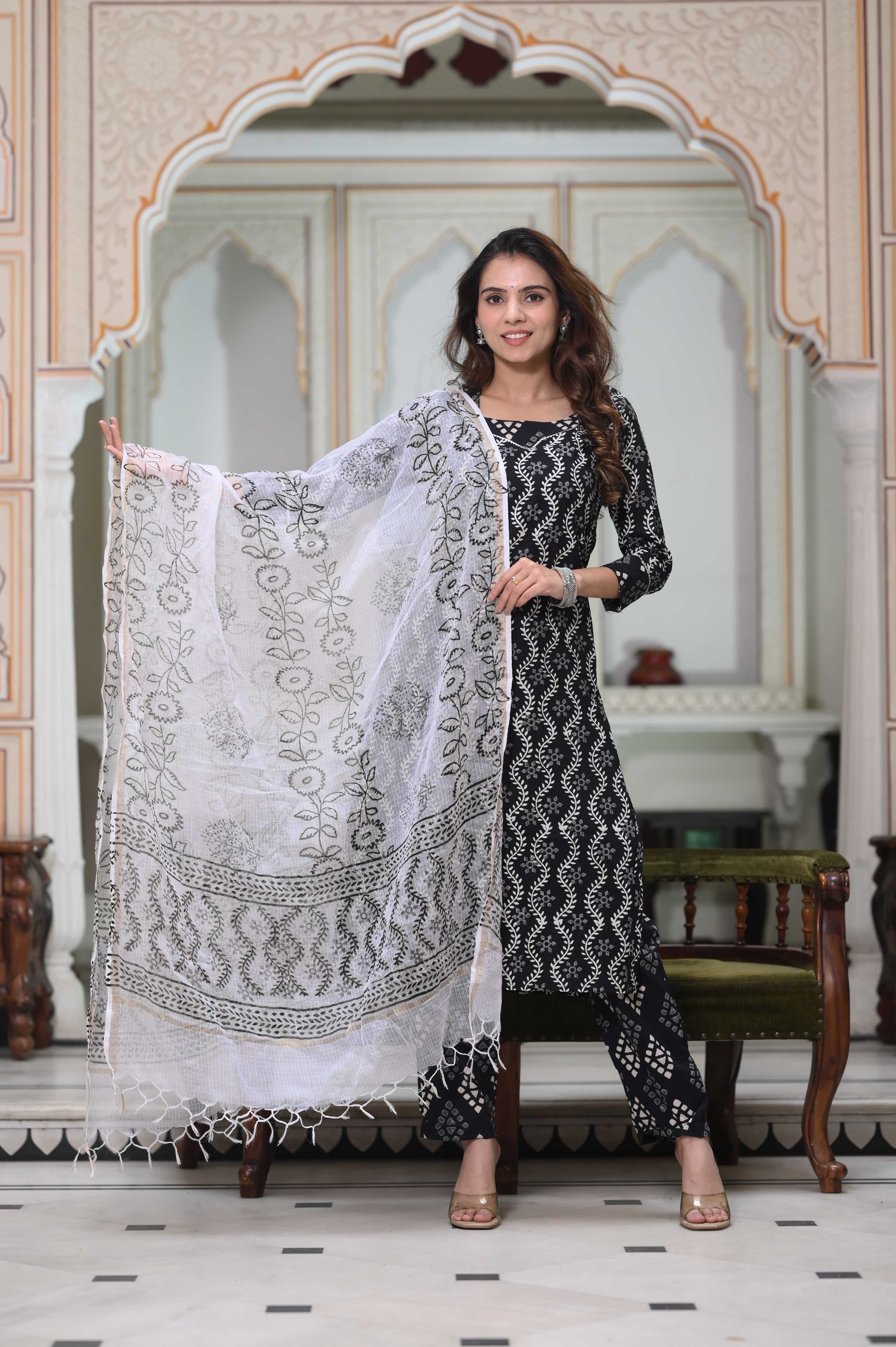 Midnight Black Hand-Block Vine Cotton Suit with White Kota Doriya Dupatta