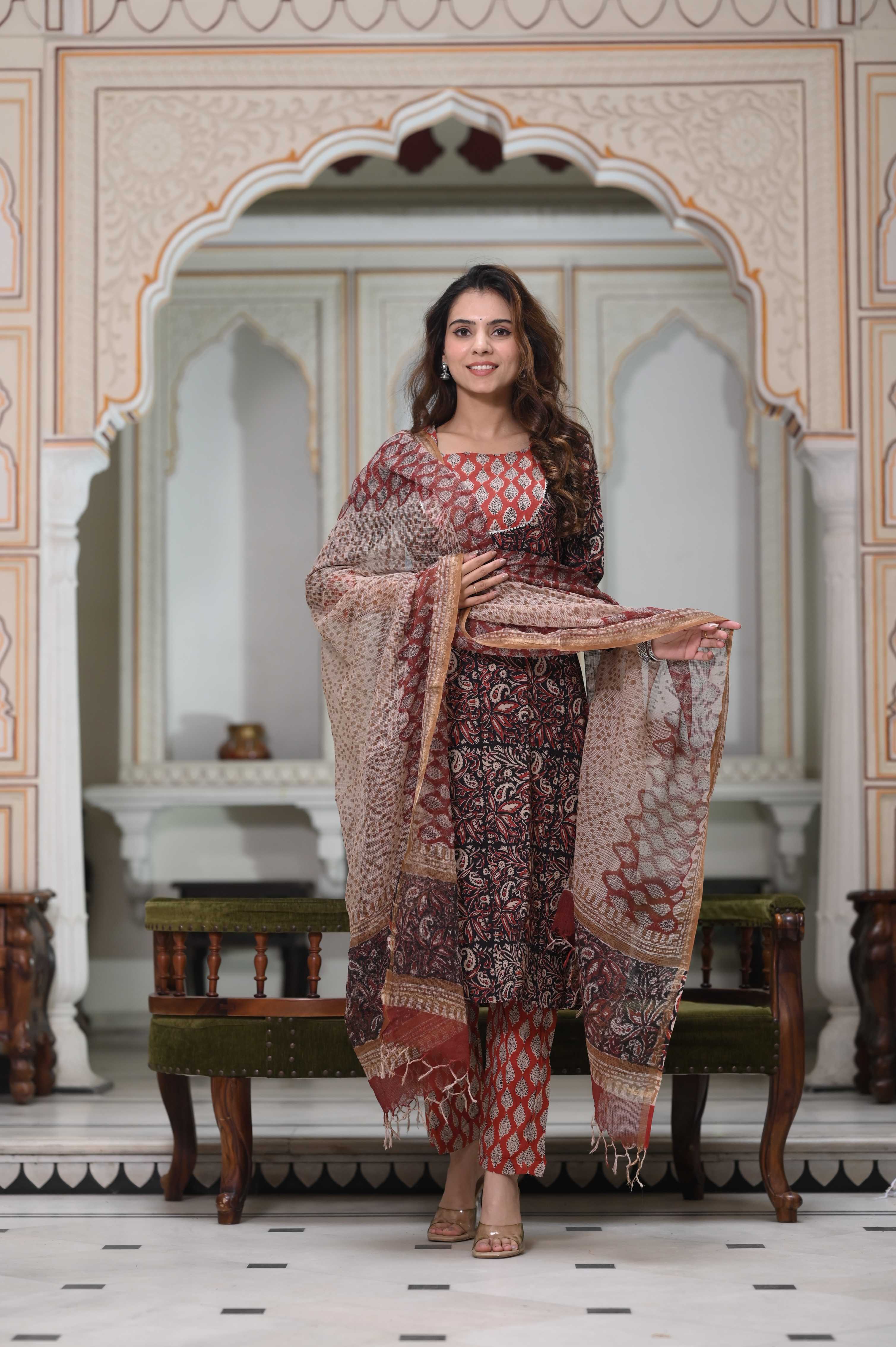 Earth-Tone Kalamkari Hand-Block Cotton Suit with Kota Doriya Dupatta