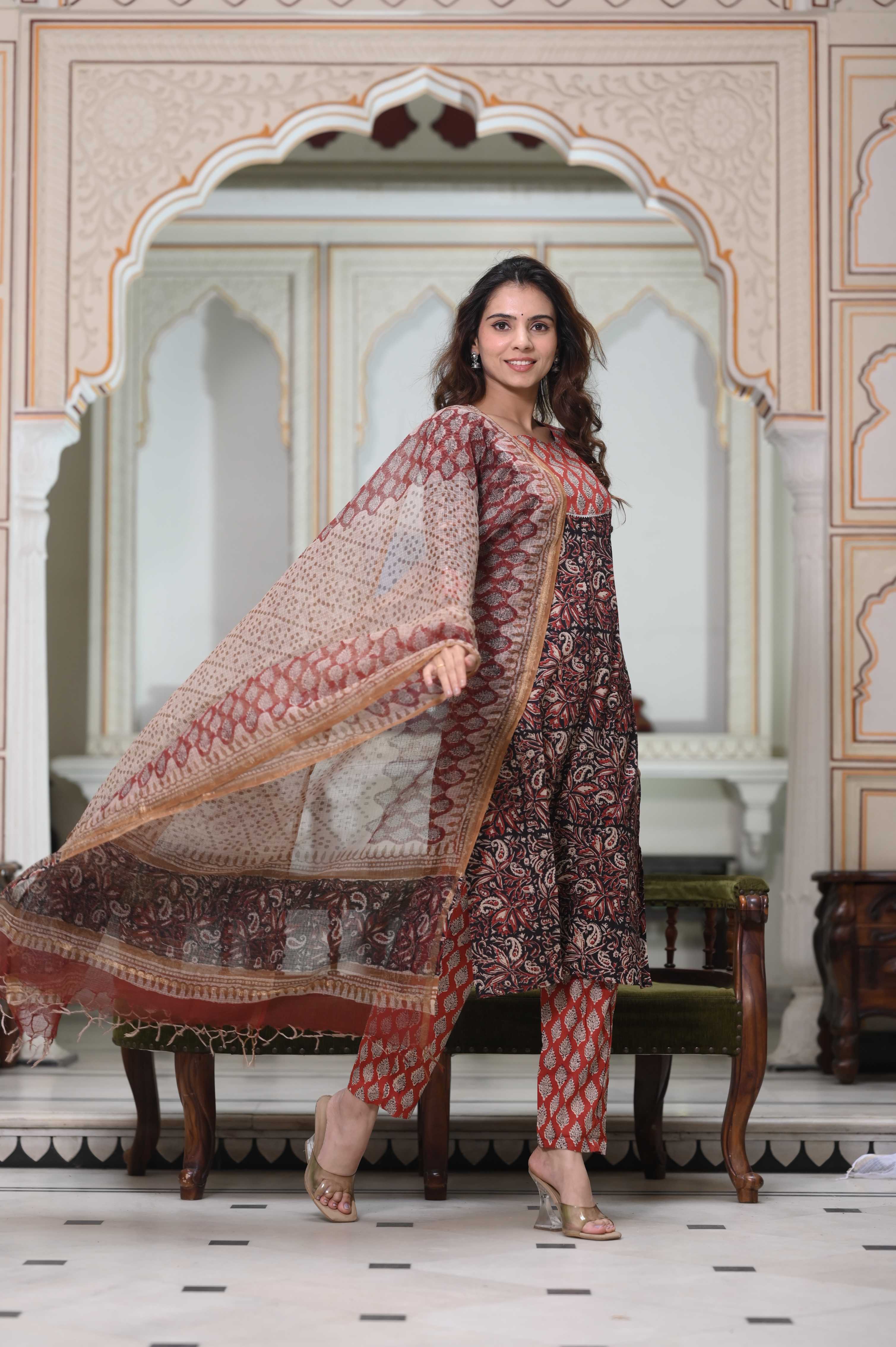 Earth-Tone Kalamkari Hand-Block Cotton Suit with Kota Doriya Dupatta