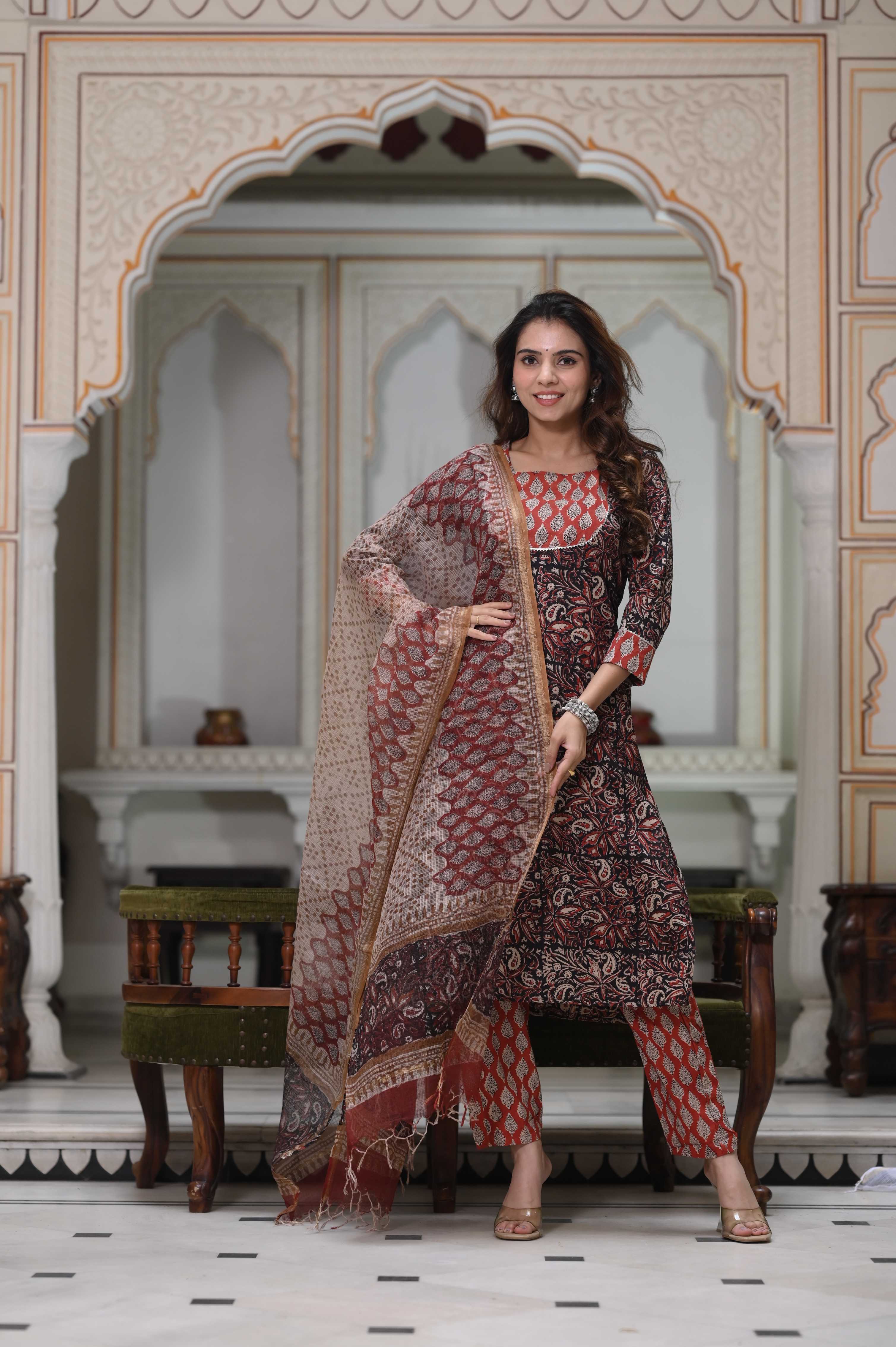 Earth-Tone Kalamkari Hand-Block Cotton Suit with Kota Doriya Dupatta
