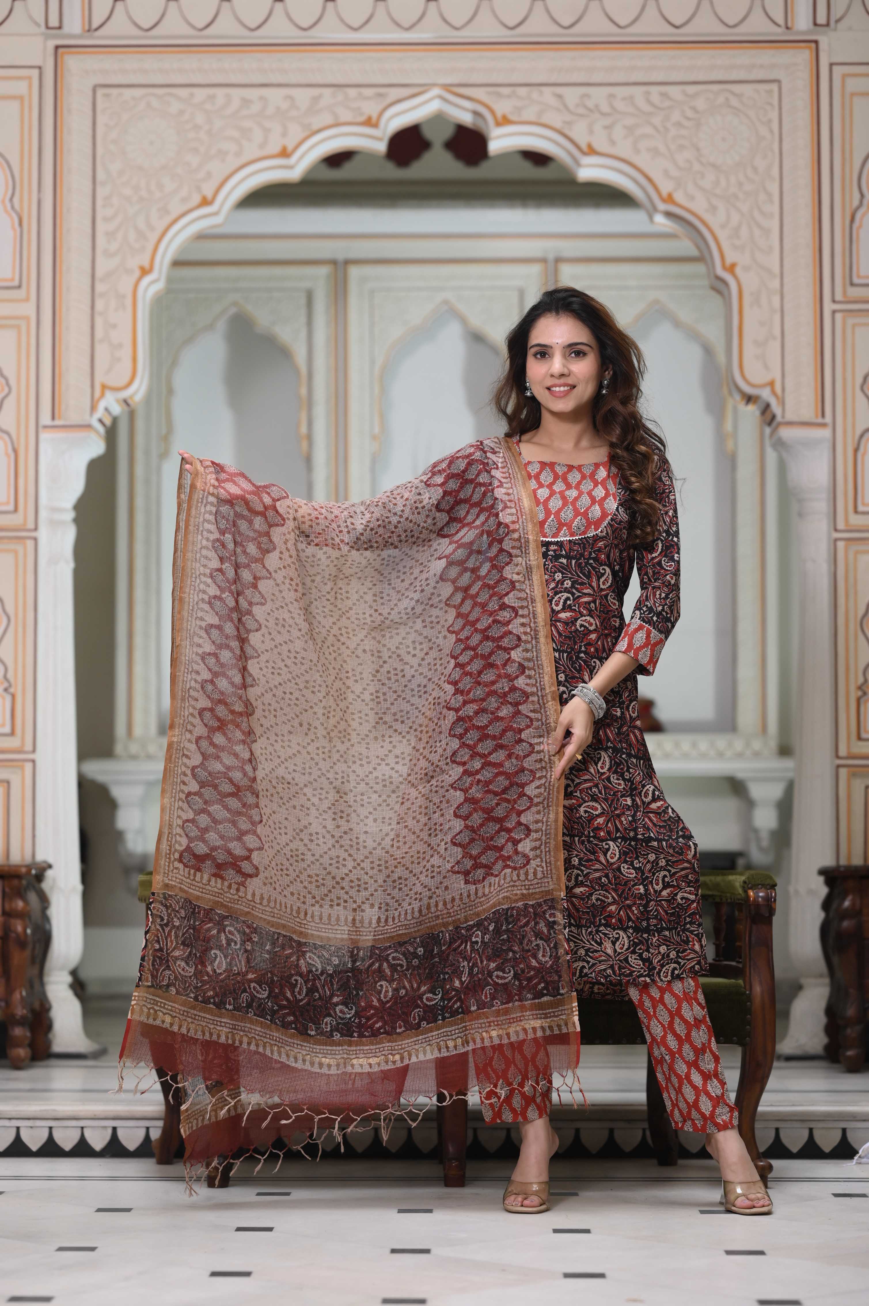 Earth-Tone Kalamkari Hand-Block Cotton Suit with Kota Doriya Dupatta