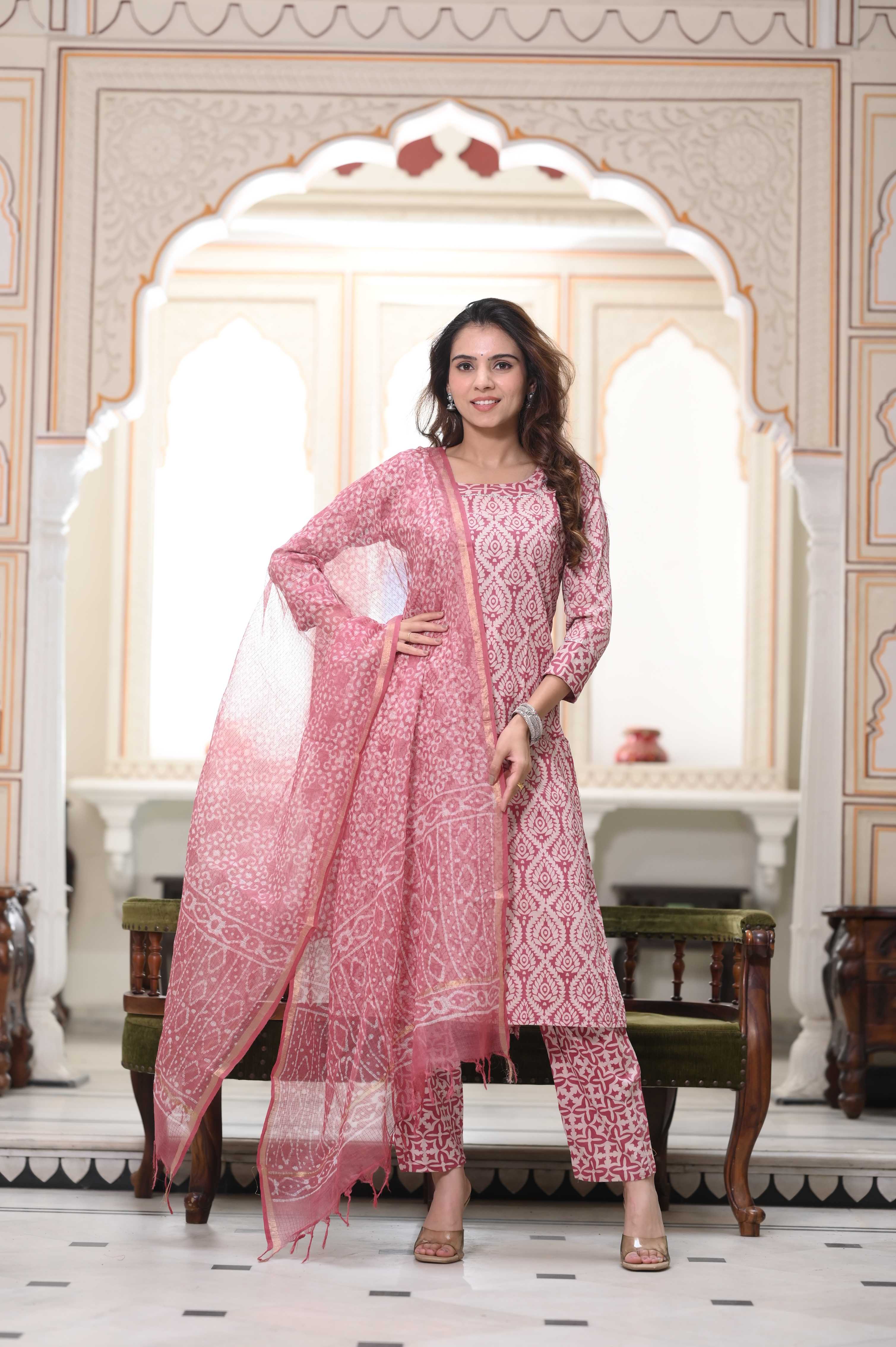 Blush Pink Hand-Block Geometric Cotton Suit with Sheer Kota Doriya Dupatta