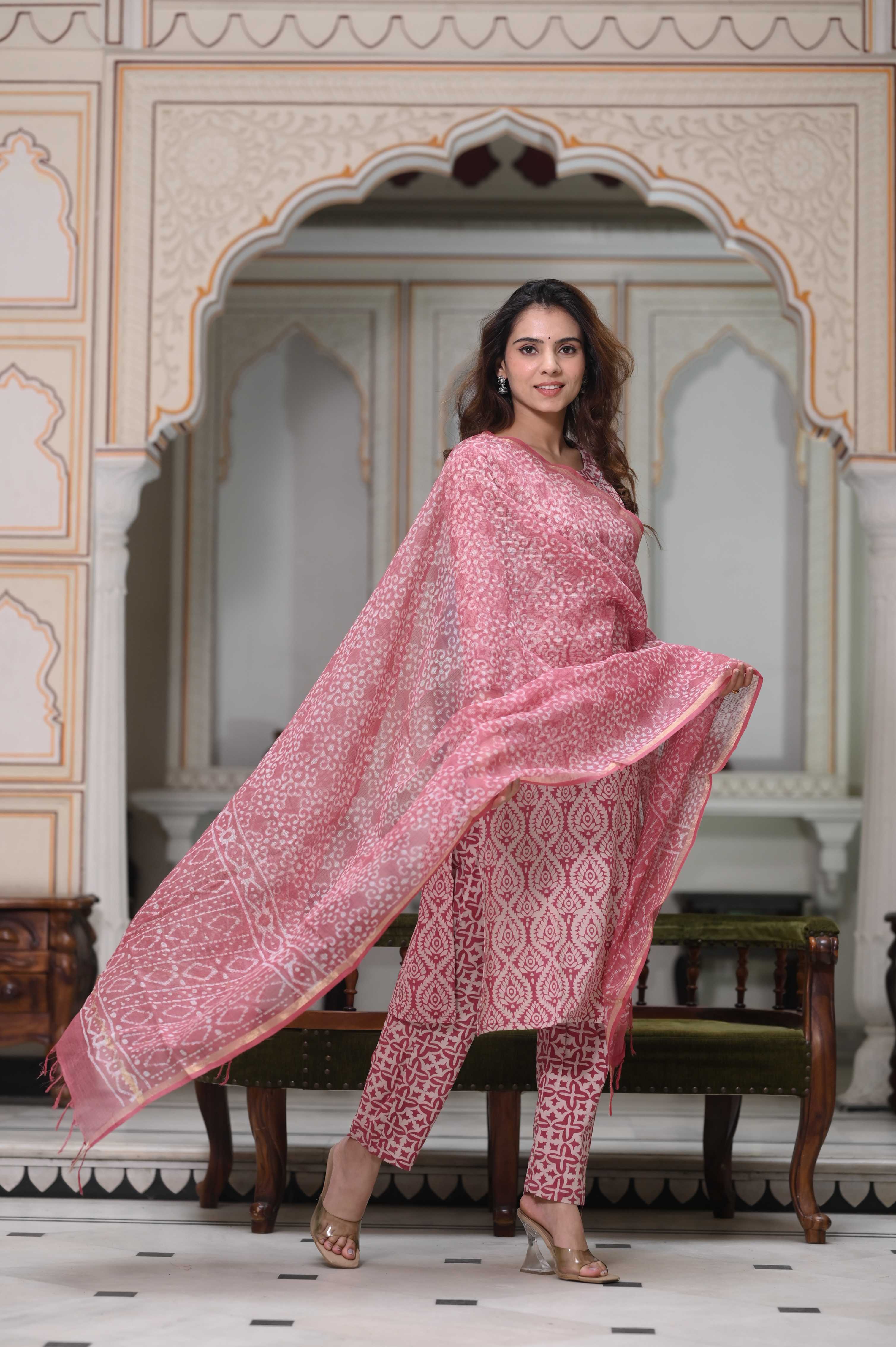 Blush Pink Hand-Block Geometric Cotton Suit with Sheer Kota Doriya Dupatta