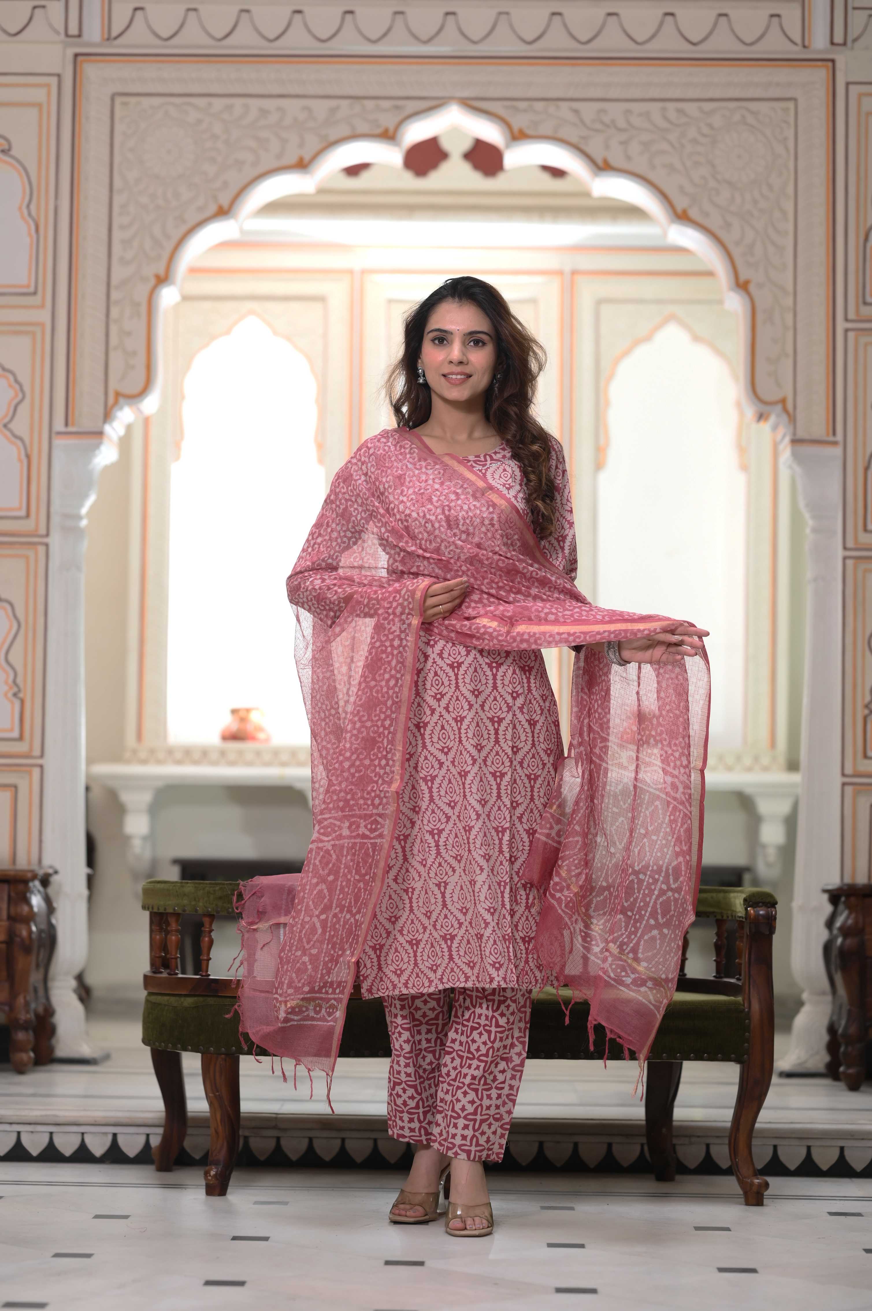 Blush Pink Hand-Block Geometric Cotton Suit with Sheer Kota Doriya Dupatta