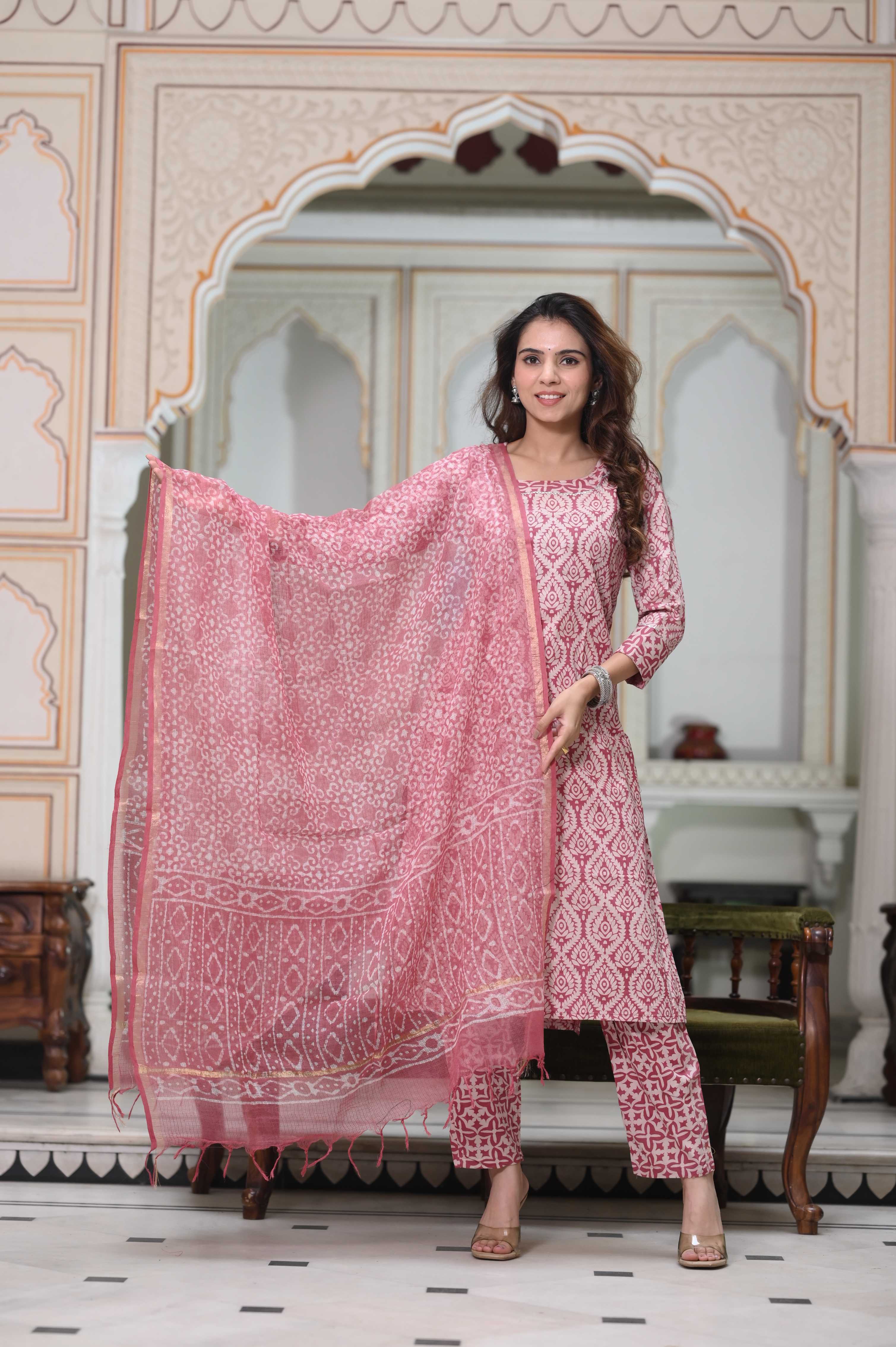 Blush Pink Hand-Block Geometric Cotton Suit with Sheer Kota Doriya Dupatta
