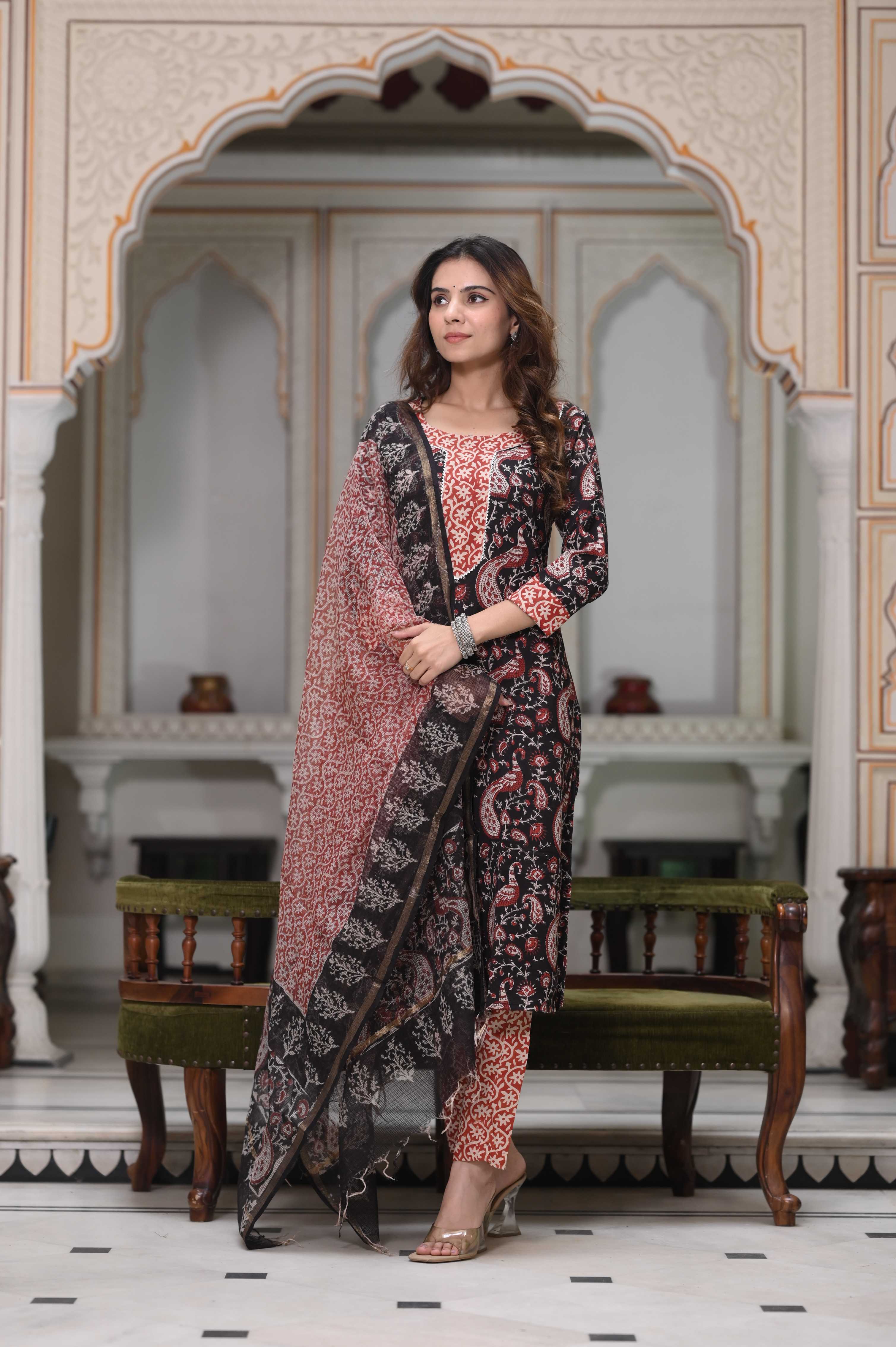 Indigo Blue Hand-Block Floral Cotton Suit with Kota Doriya Dupatta