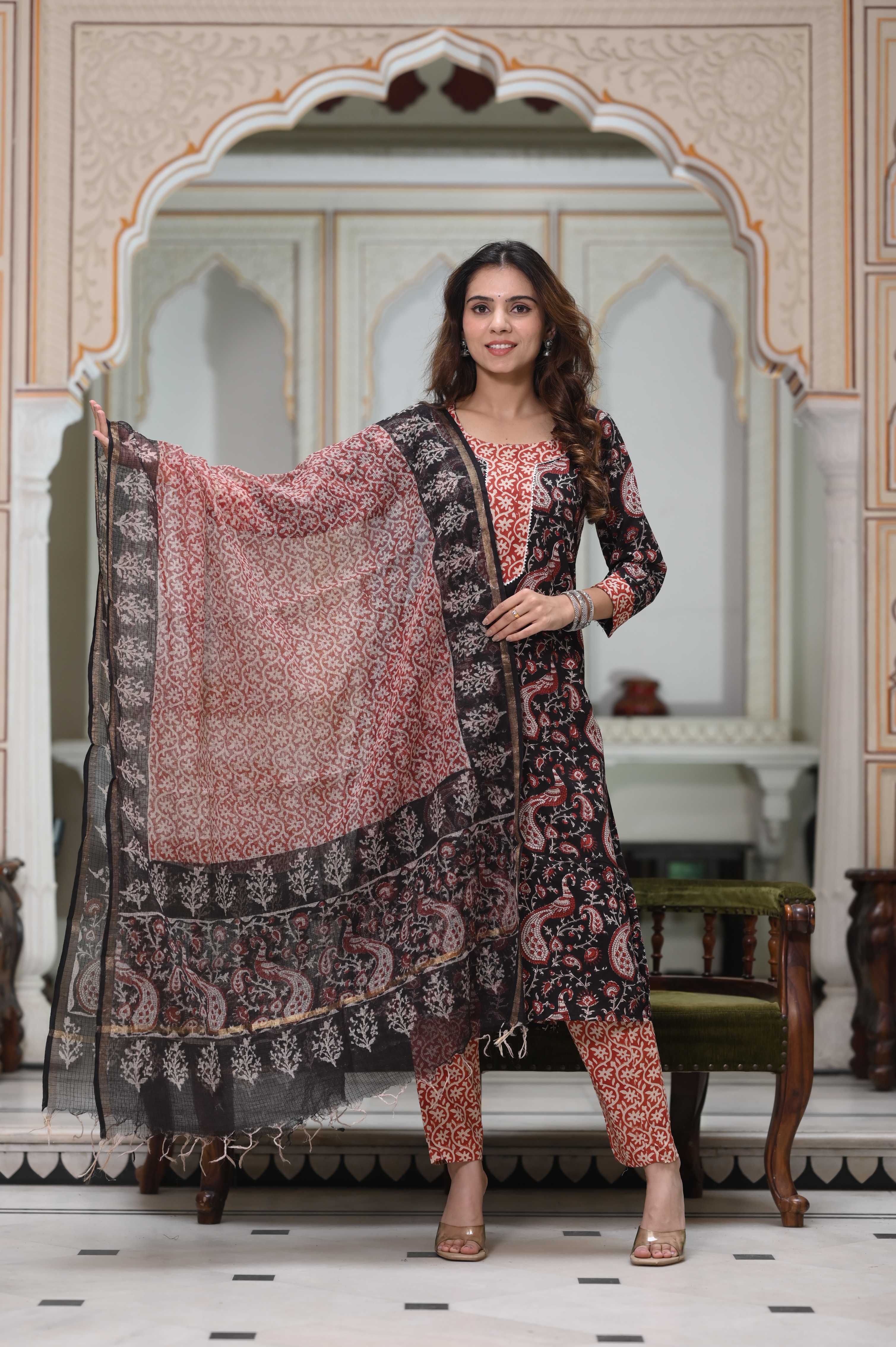 Indigo Blue Hand-Block Floral Cotton Suit with Kota Doriya Dupatta