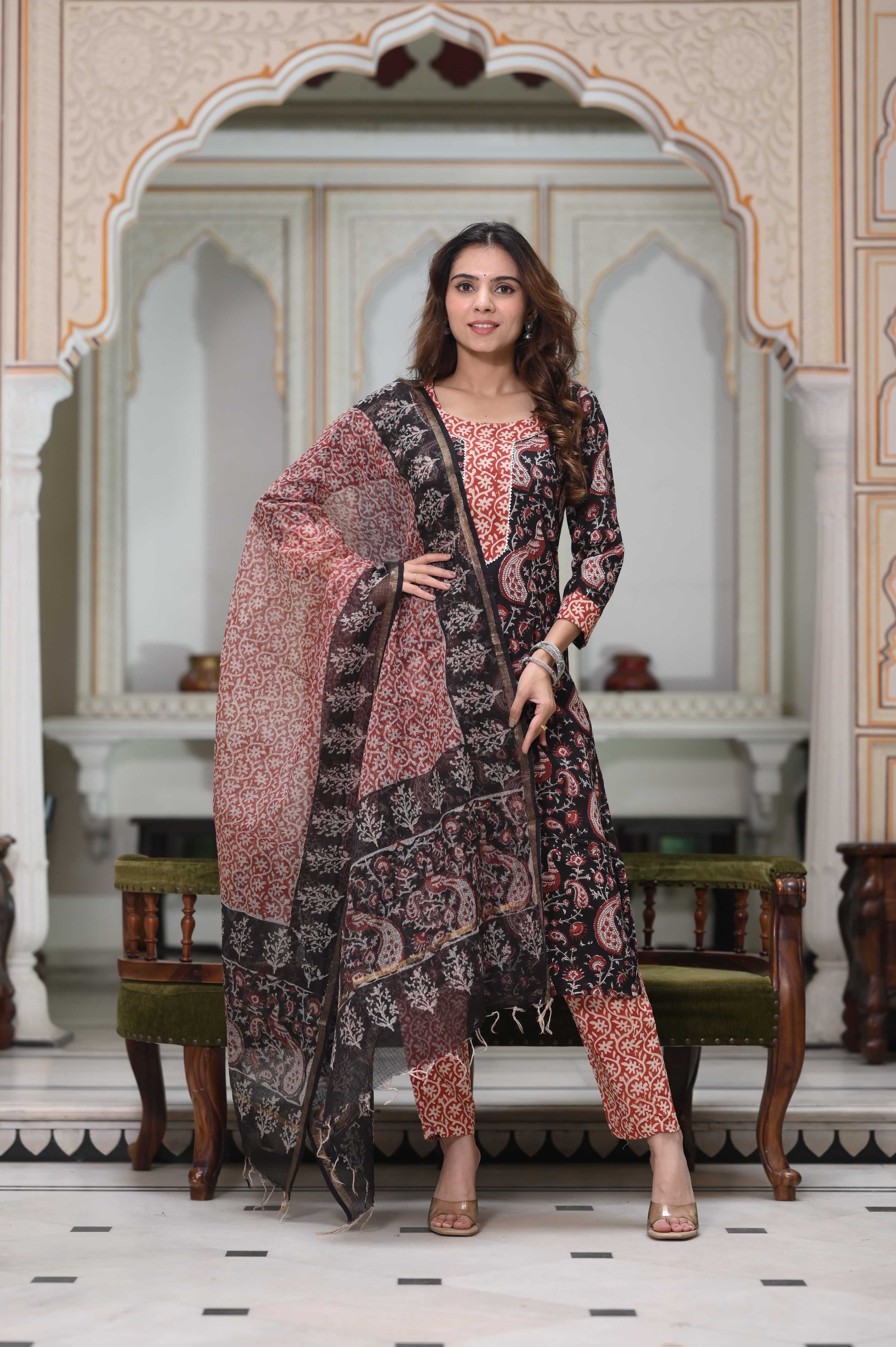 Indigo Blue Hand-Block Floral Cotton Suit with Kota Doriya Dupatta