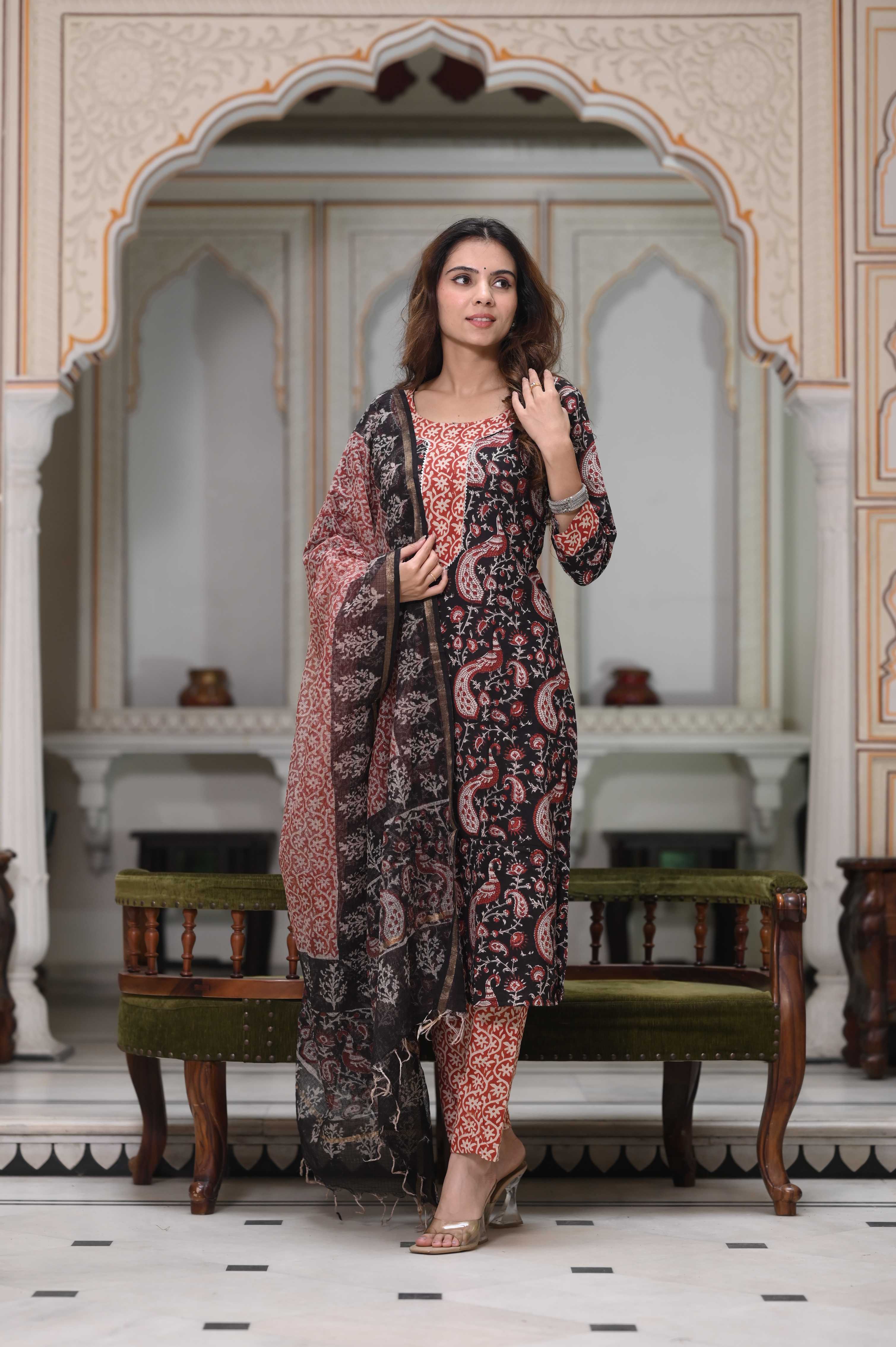 Indigo Blue Hand-Block Floral Cotton Suit with Kota Doriya Dupatta