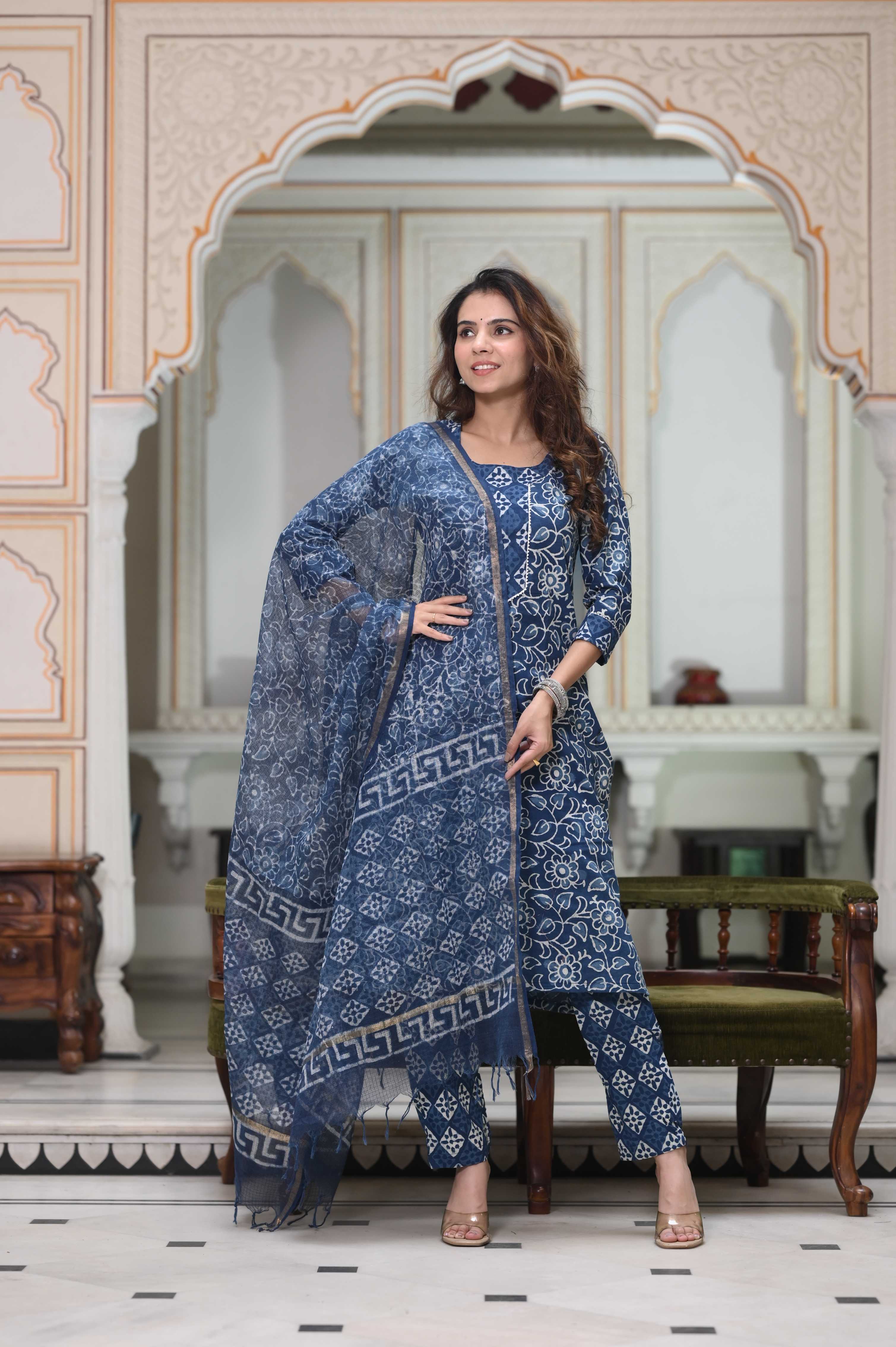 Azure Blue Hand-Block Floral Cotton Suit with White Kota Doriya Dupatta