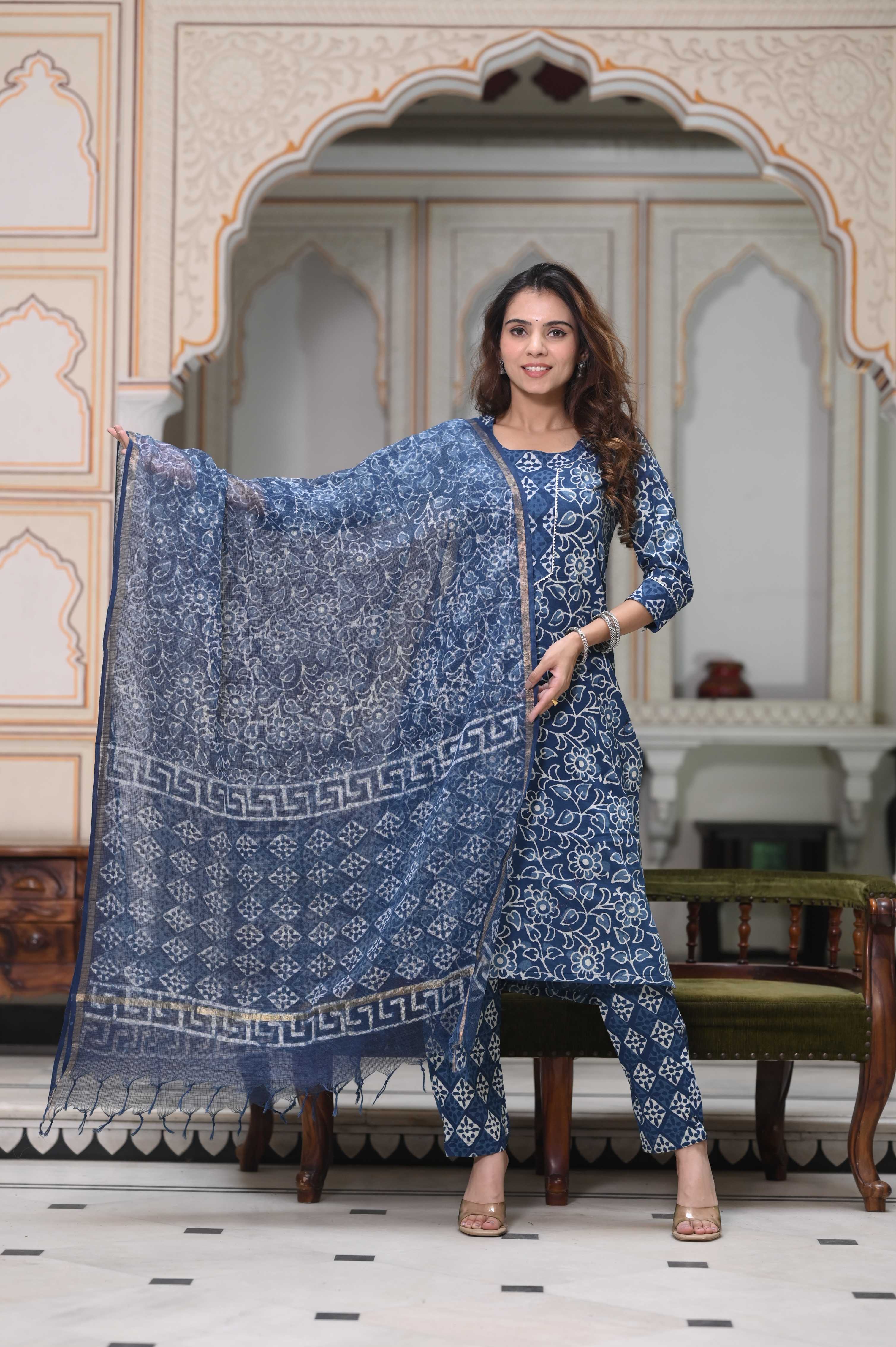 Azure Blue Hand-Block Floral Cotton Suit with White Kota Doriya Dupatta