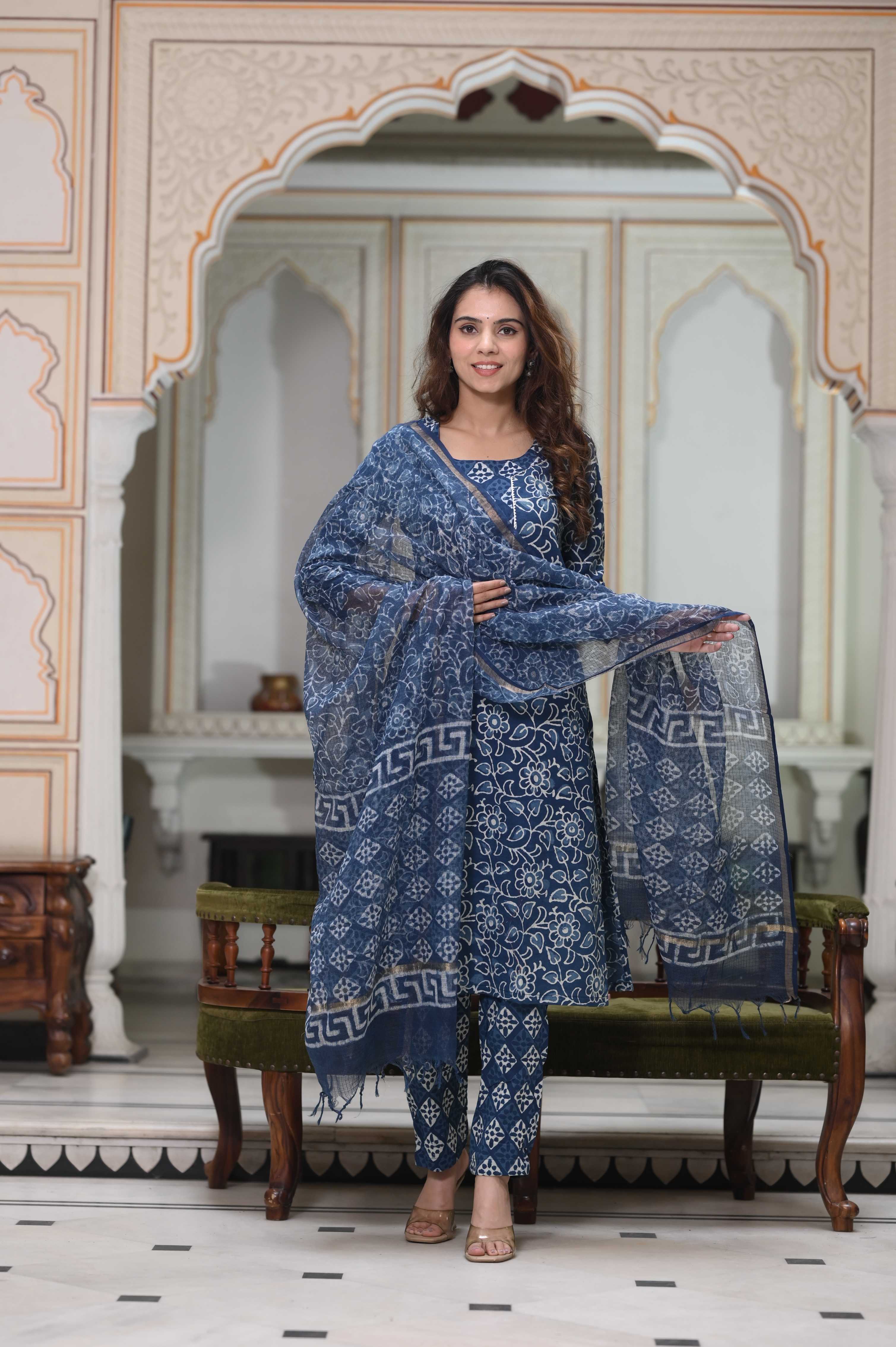 Azure Blue Hand-Block Floral Cotton Suit with White Kota Doriya Dupatta