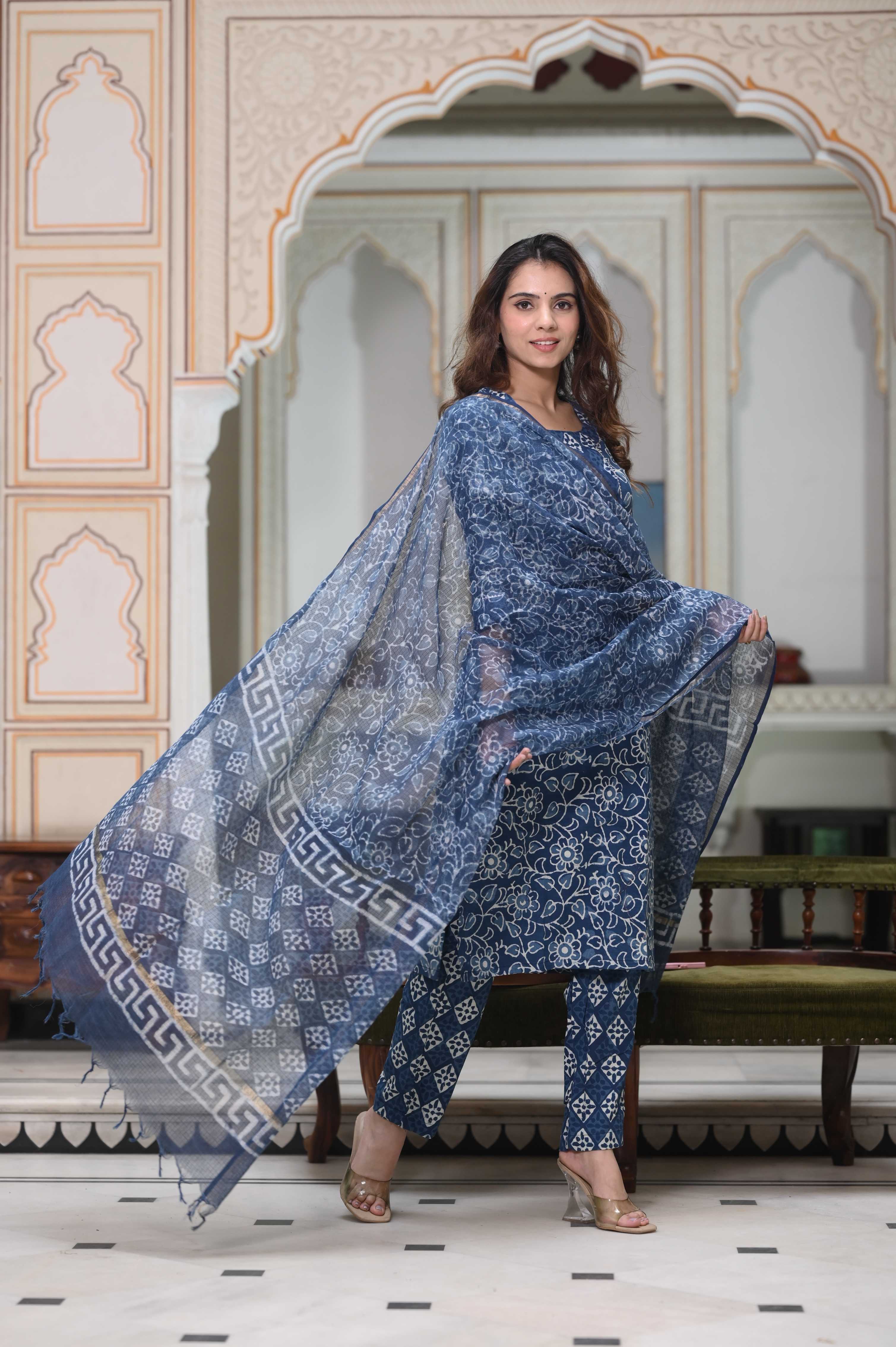 Azure Blue Hand-Block Floral Cotton Suit with White Kota Doriya Dupatta
