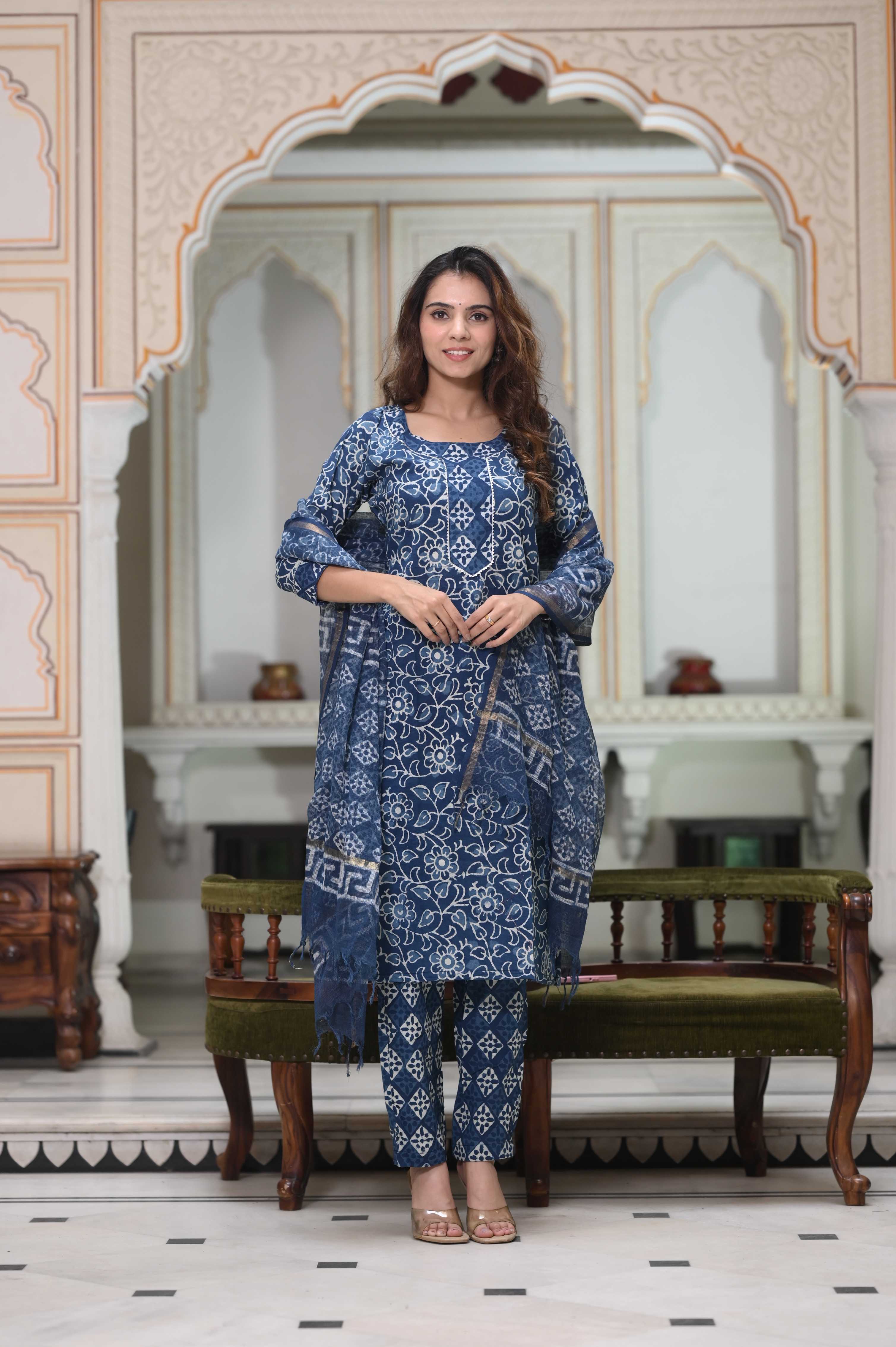 Azure Blue Hand-Block Floral Cotton Suit with White Kota Doriya Dupatta