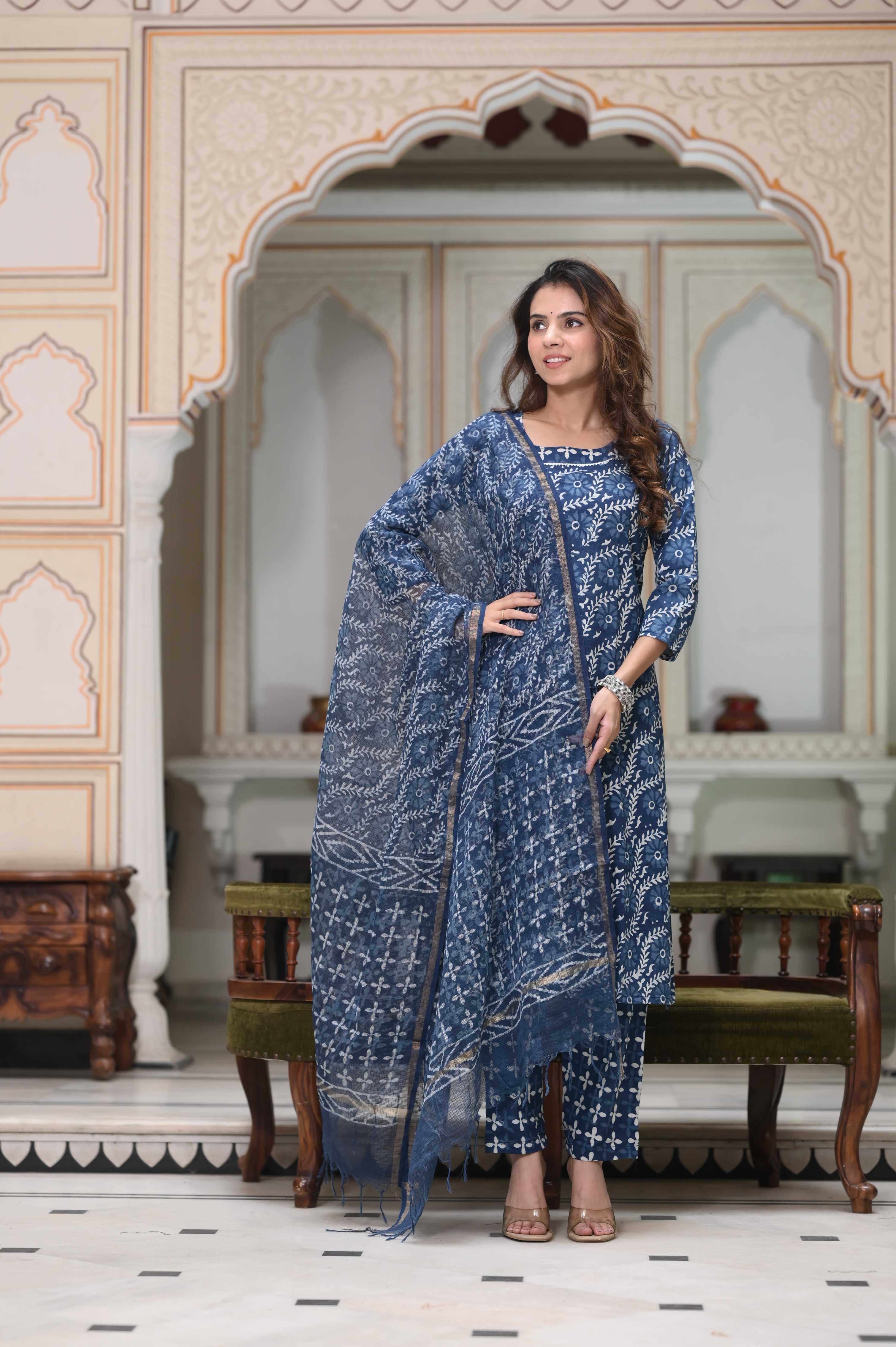 Teal Blue Hand-Block Floral Cotton Suit with White Kota Doriya Dupatta