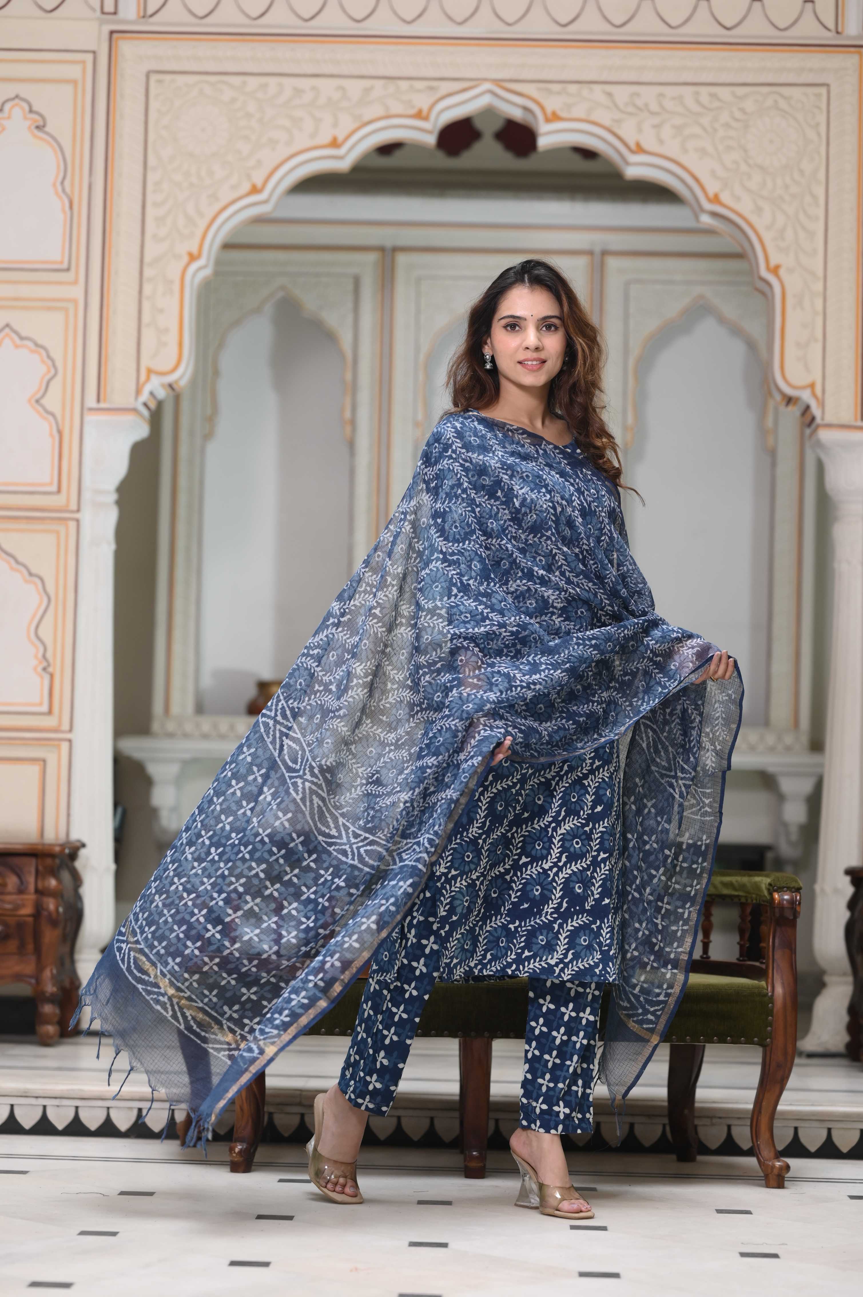 Teal Blue Hand-Block Floral Cotton Suit with White Kota Doriya Dupatta
