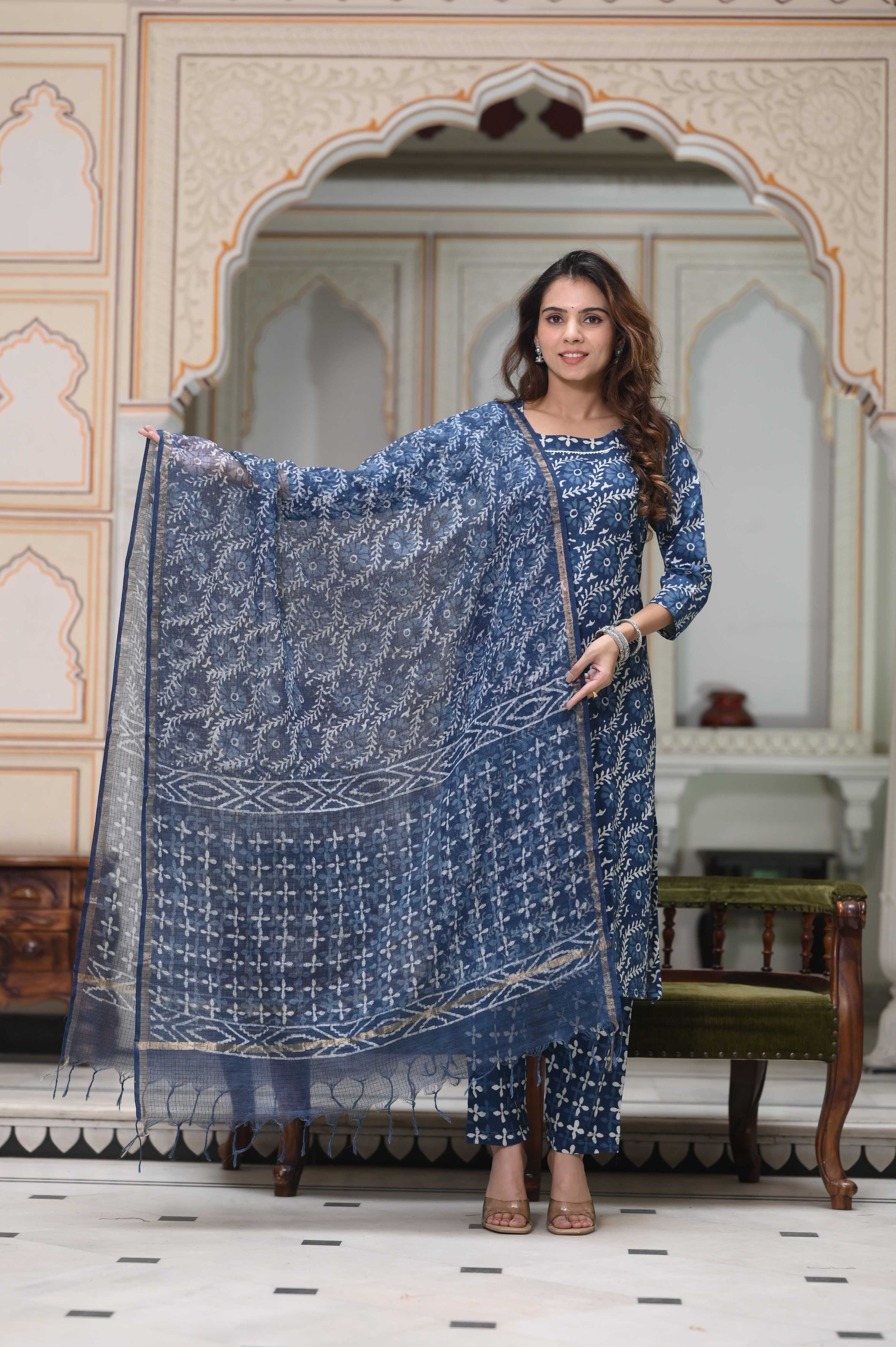 Teal Blue Hand-Block Floral Cotton Suit with White Kota Doriya Dupatta