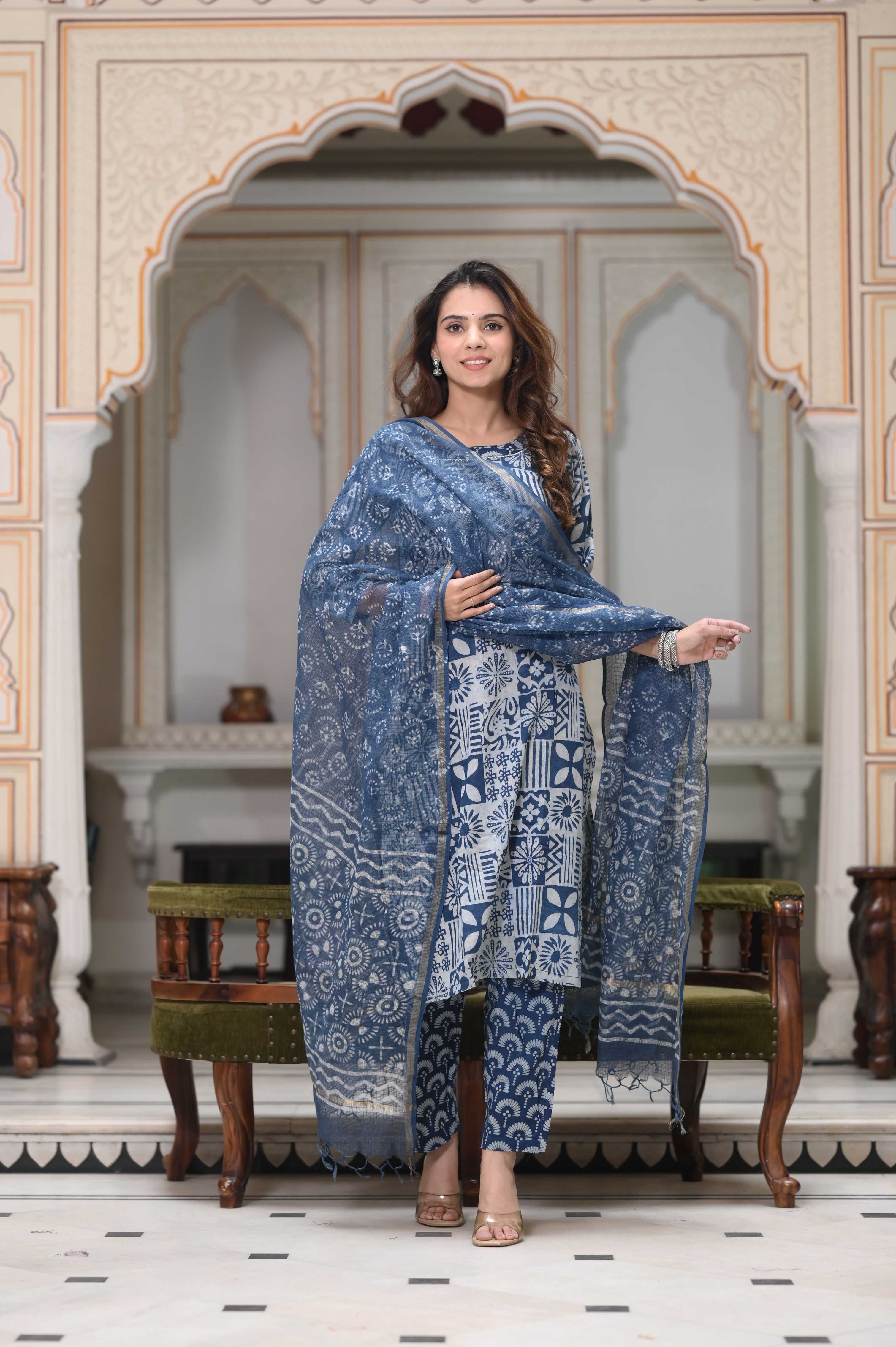 Indigo Blue Hand-Block Floral Cotton Suit with White Kota Doriya Dupatta