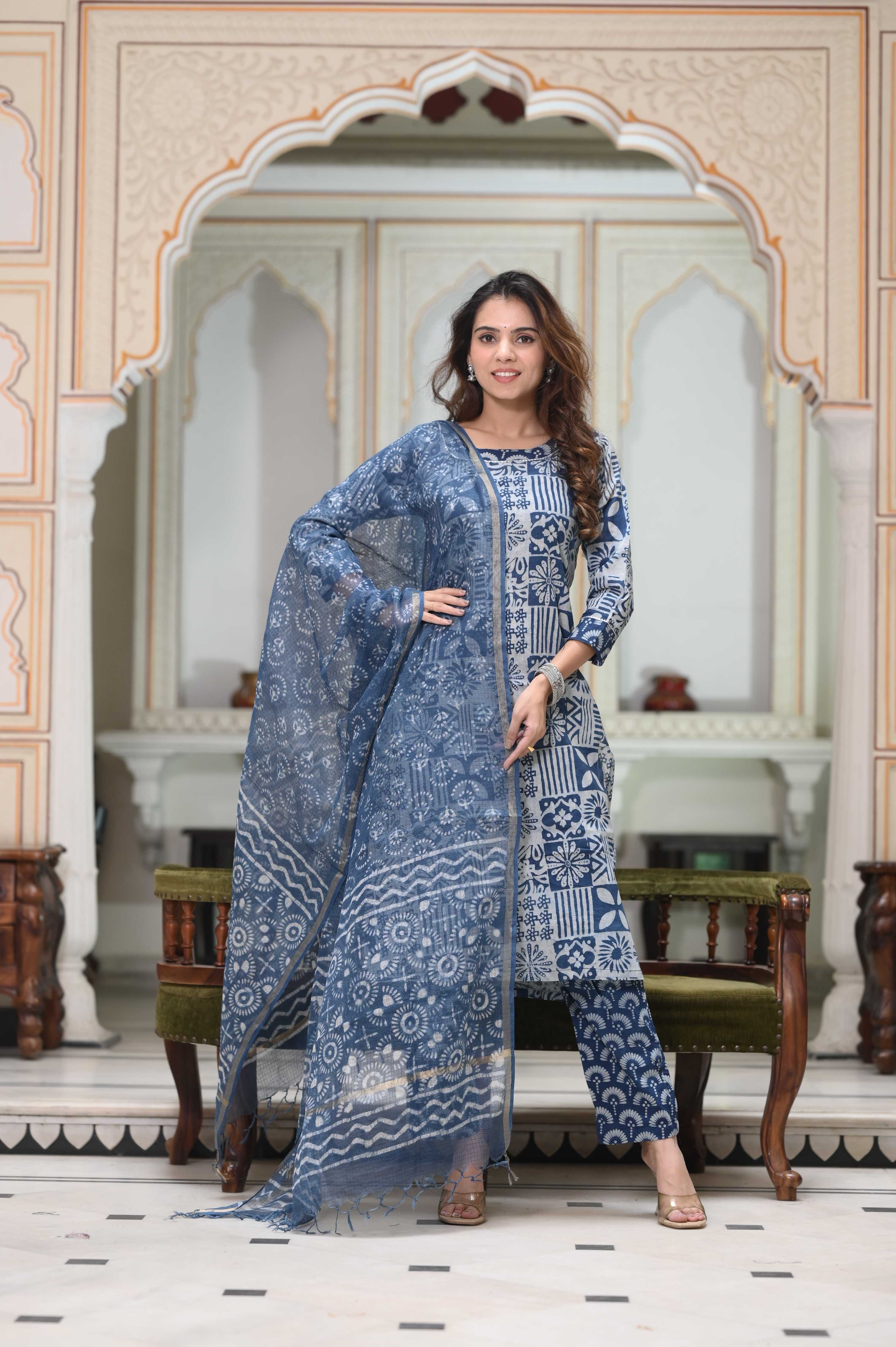 Indigo Blue Hand-Block Floral Cotton Suit with White Kota Doriya Dupatta