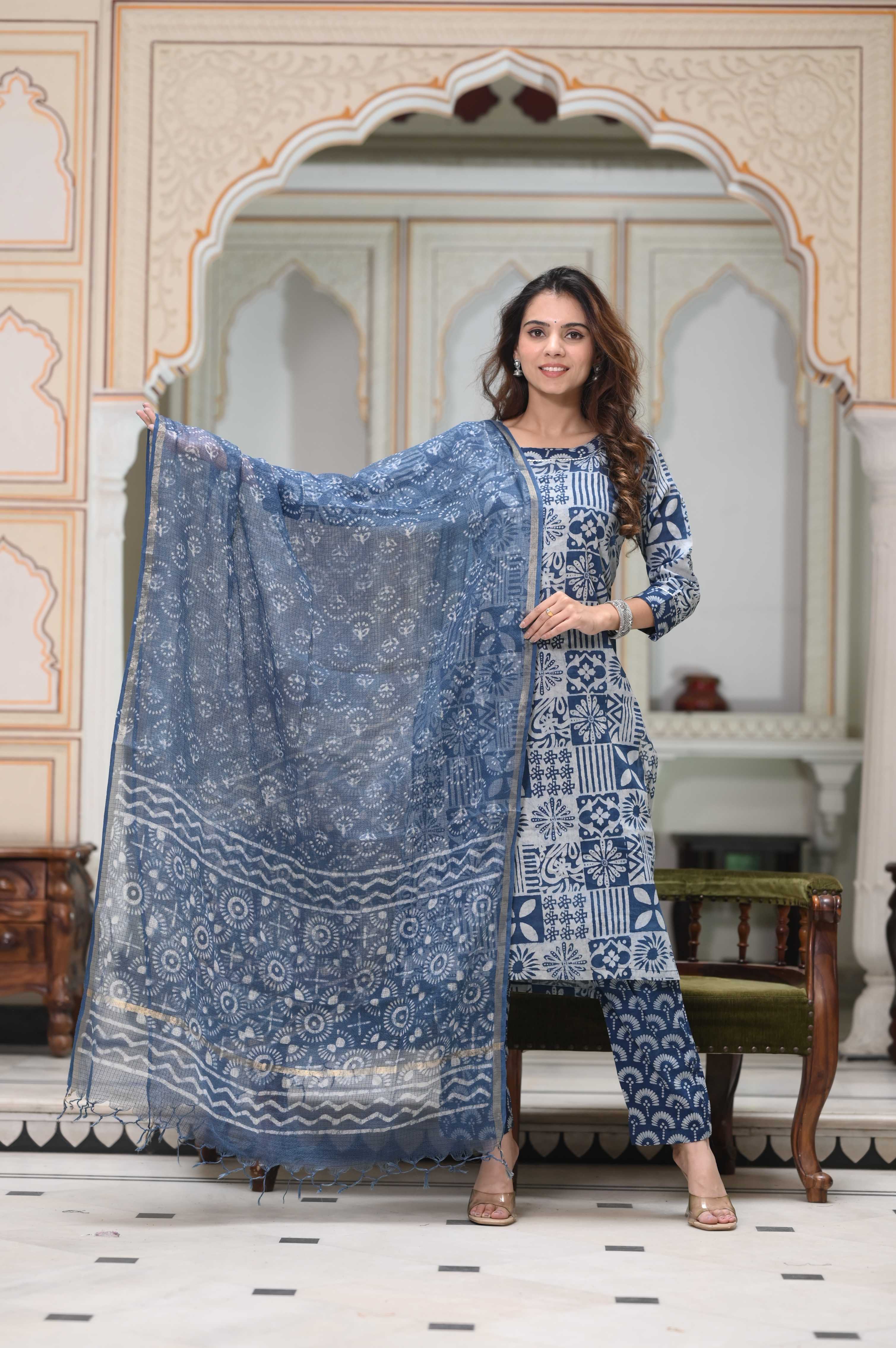 Indigo Blue Hand-Block Floral Cotton Suit with White Kota Doriya Dupatta