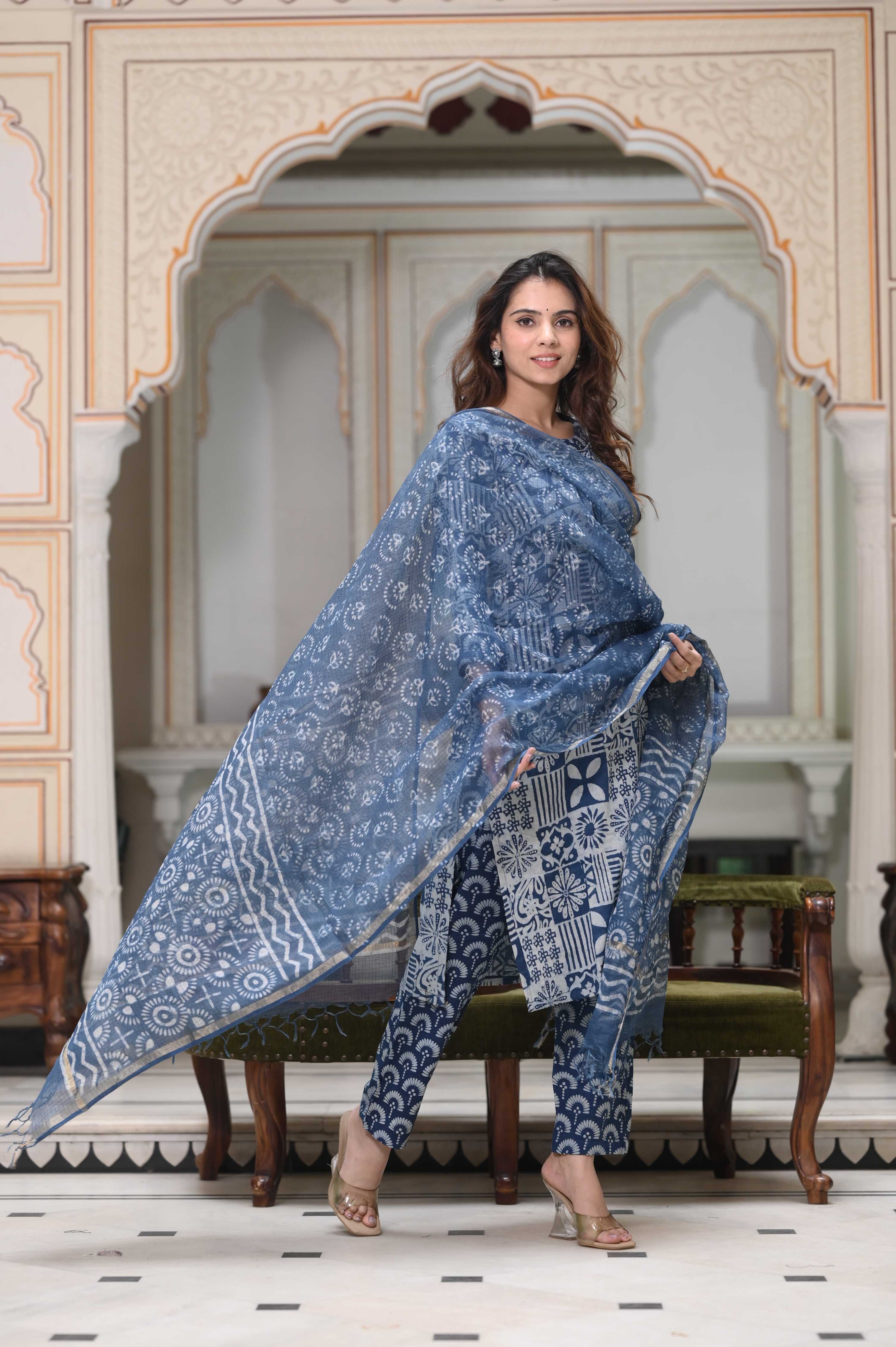 Indigo Blue Hand-Block Floral Cotton Suit with White Kota Doriya Dupatta