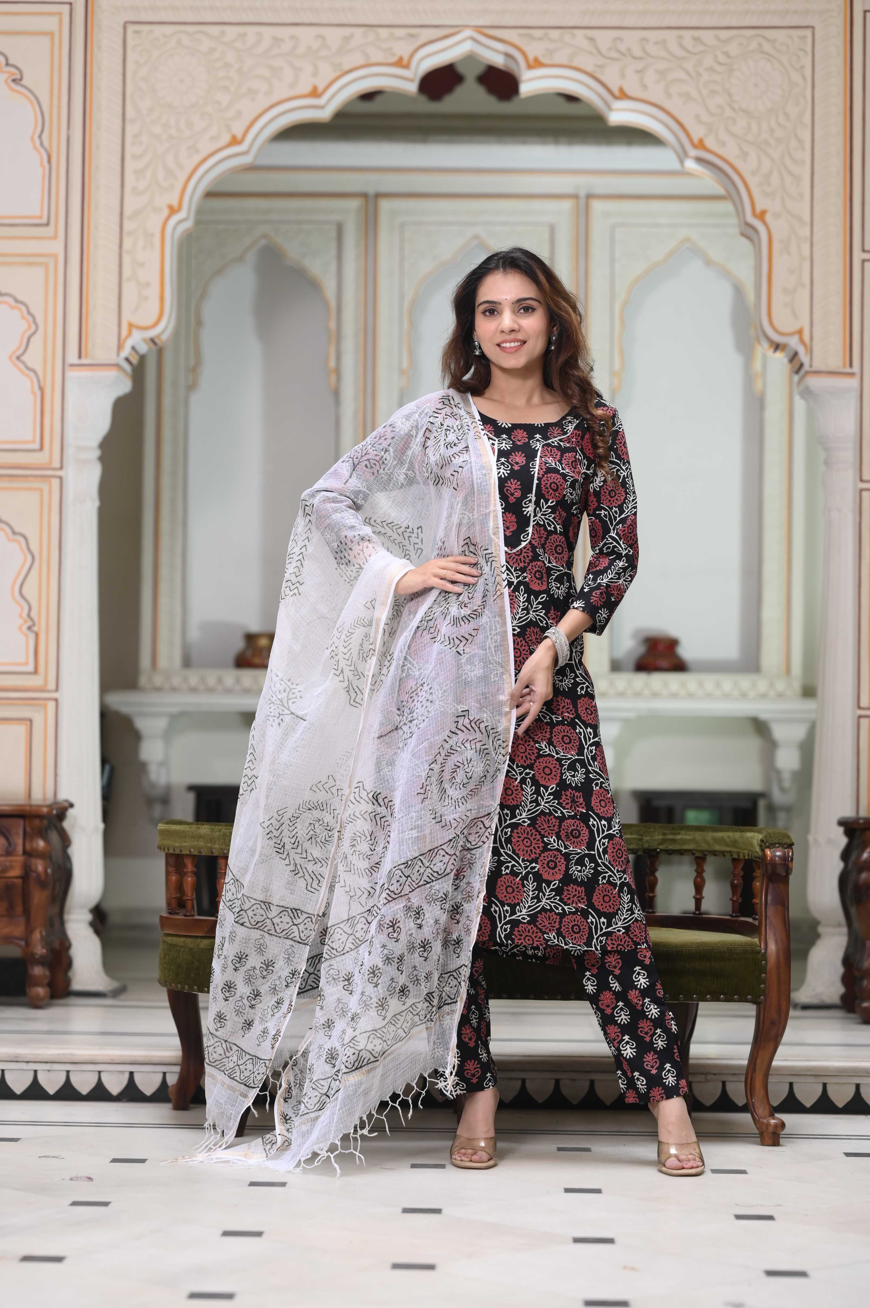 White & Pink Hand-Block Floral Cotton Suit with Kota Doriya Dupatta