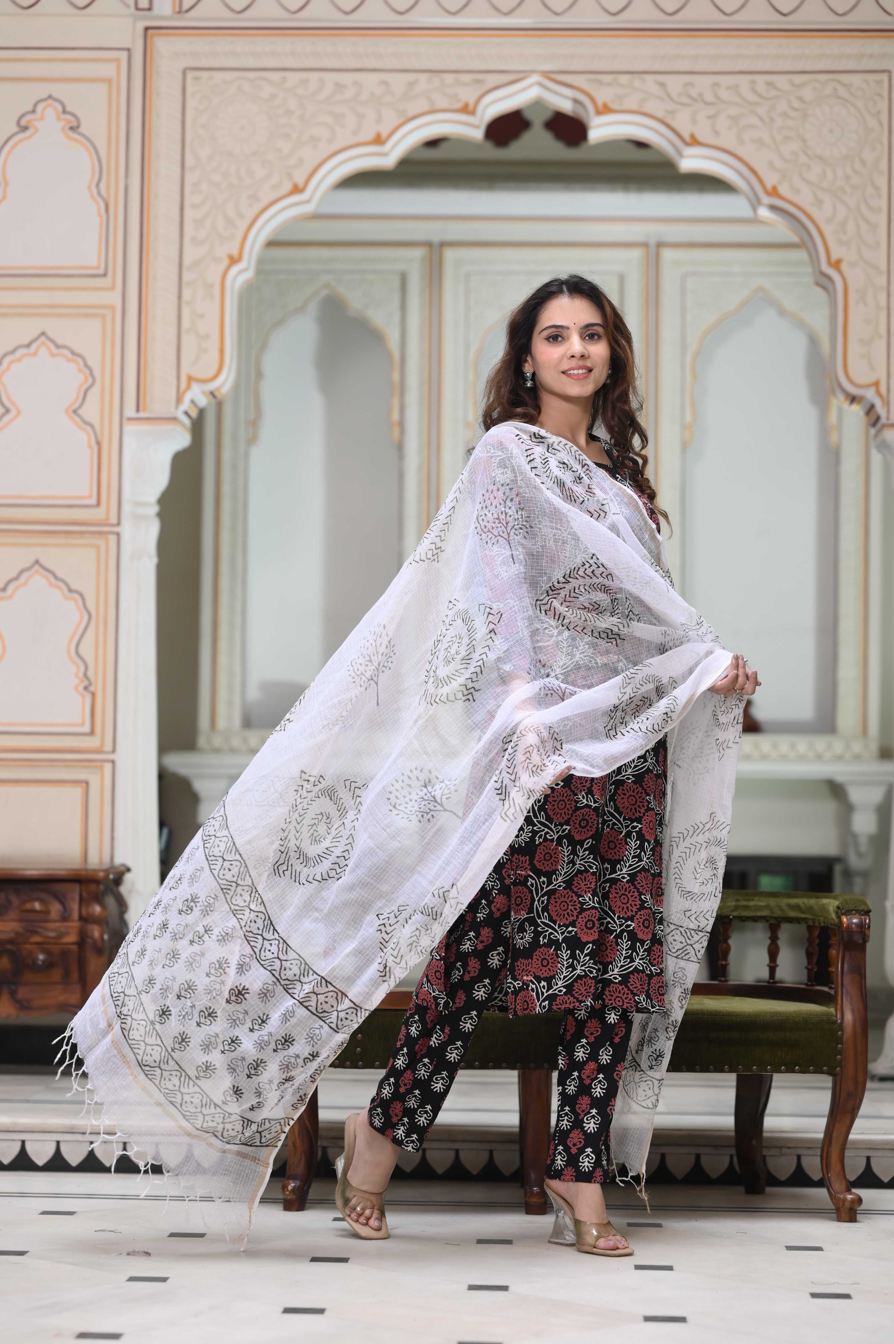 White & Pink Hand-Block Floral Cotton Suit with Kota Doriya Dupatta