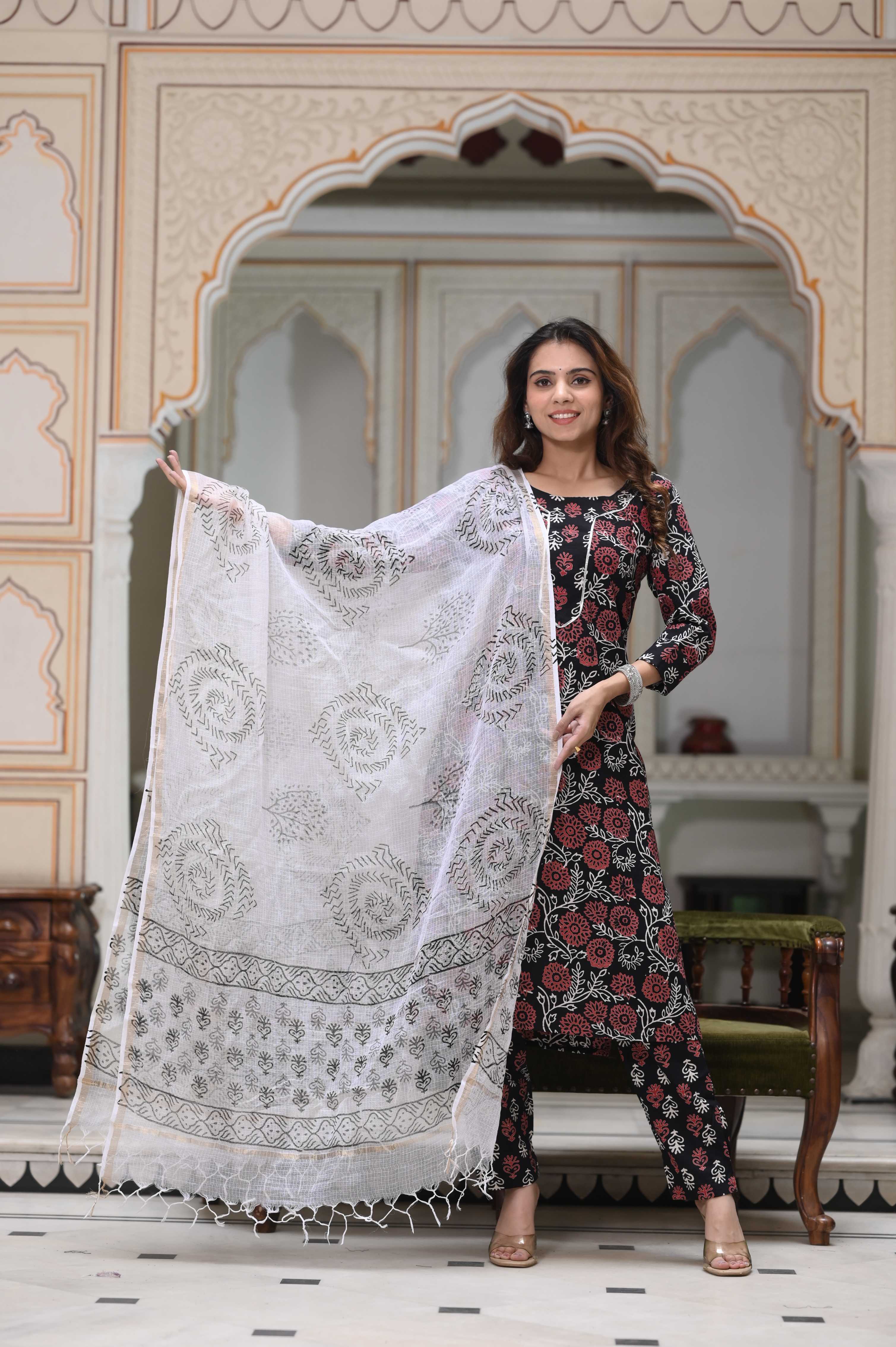 White & Pink Hand-Block Floral Cotton Suit with Kota Doriya Dupatta