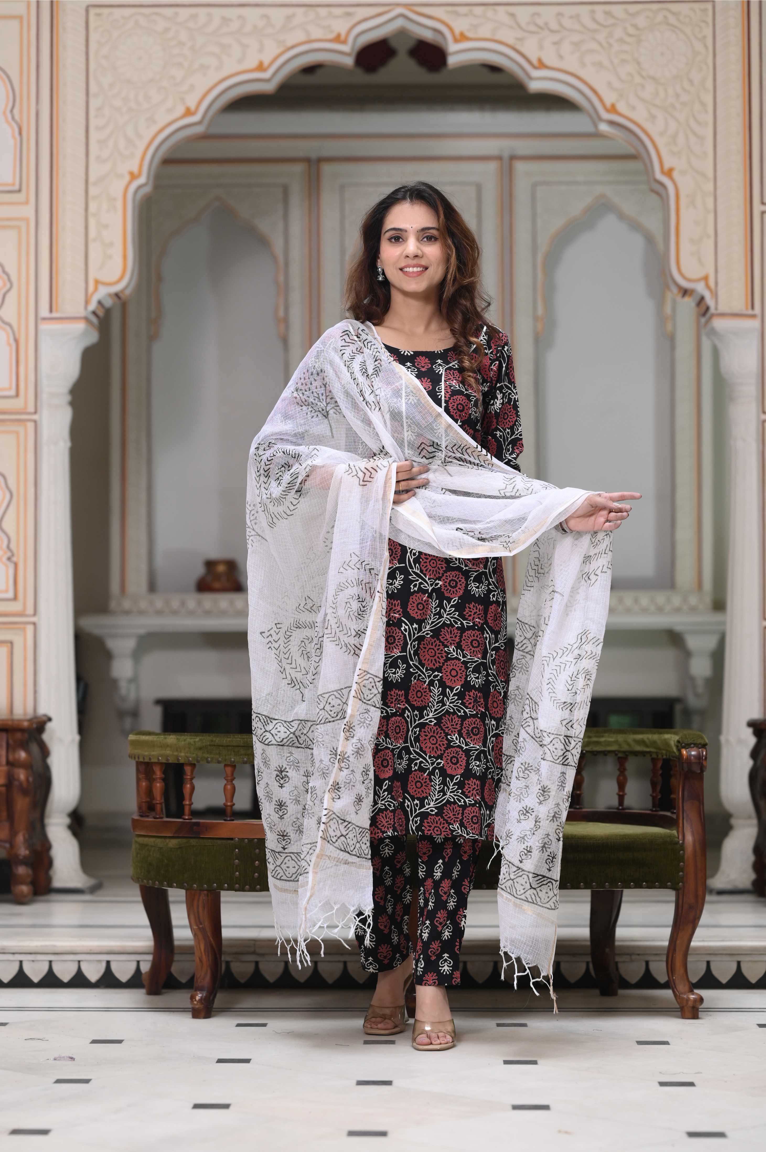 White & Pink Hand-Block Floral Cotton Suit with Kota Doriya Dupatta