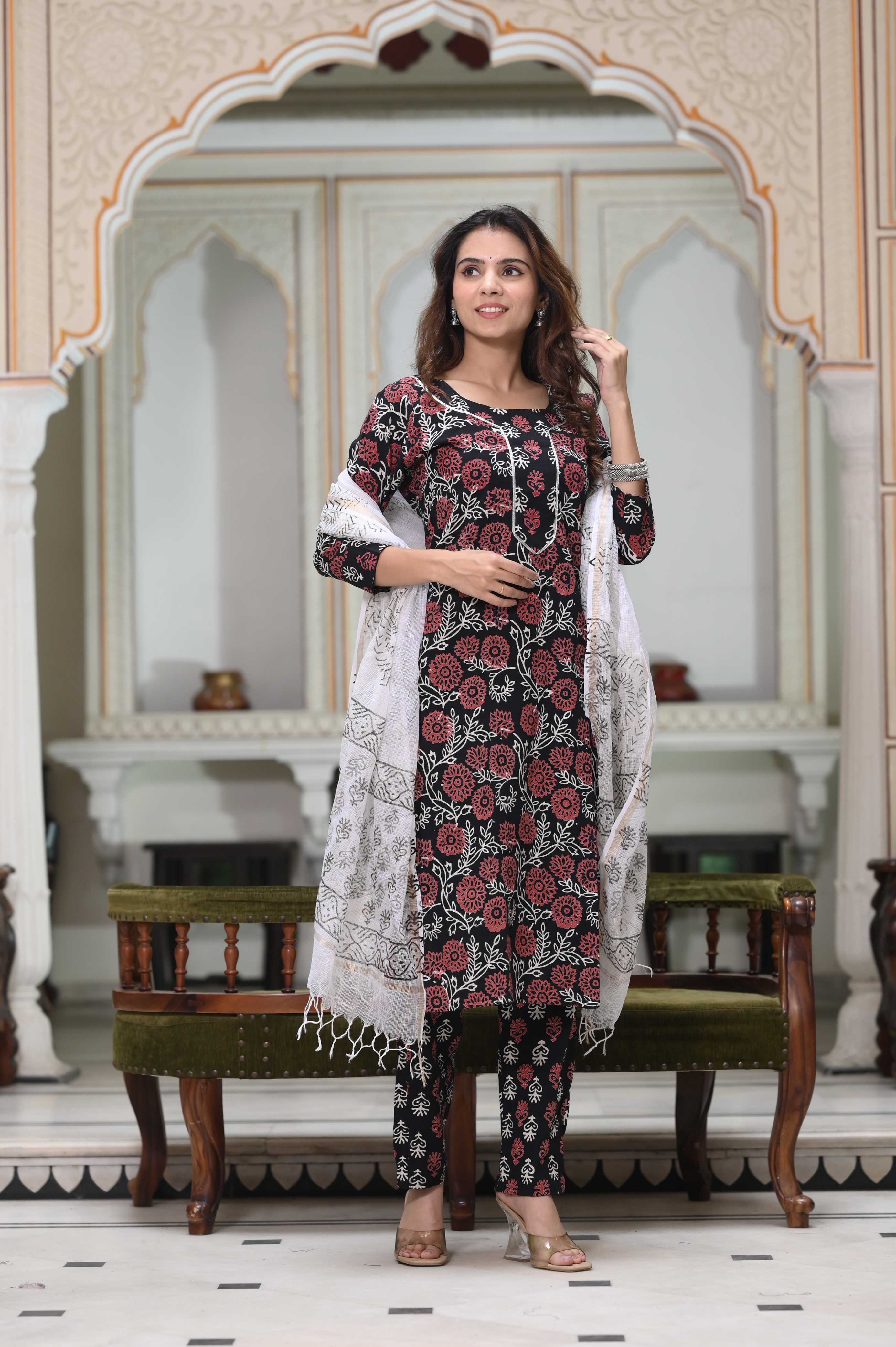 White & Pink Hand-Block Floral Cotton Suit with Kota Doriya Dupatta