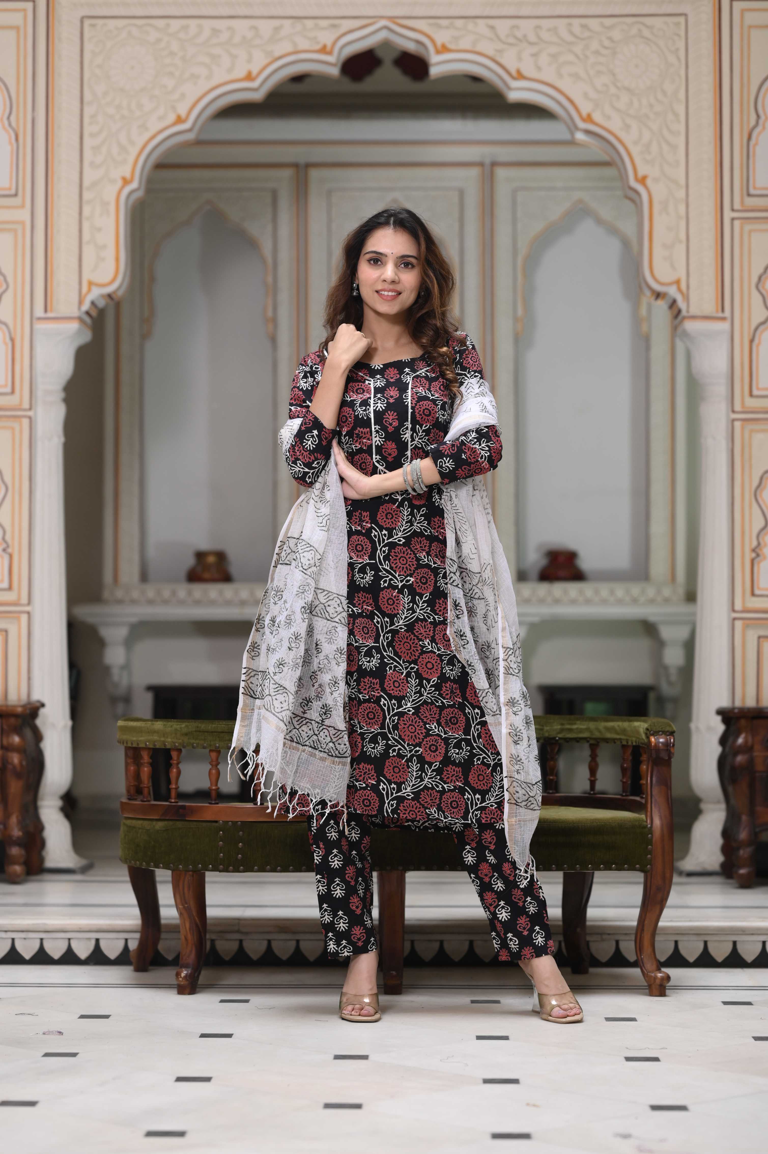 White & Pink Hand-Block Floral Cotton Suit with Kota Doriya Dupatta